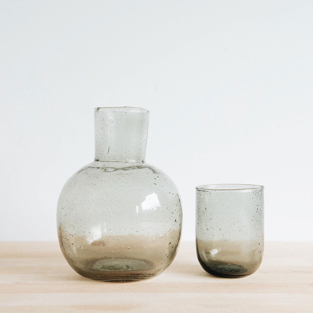 Hand Blown Glass Carafe & Cup Set - Deep Sage Green - Perfect for Wine, Water, or Juice Serving - Elegant Home & Dining Decor