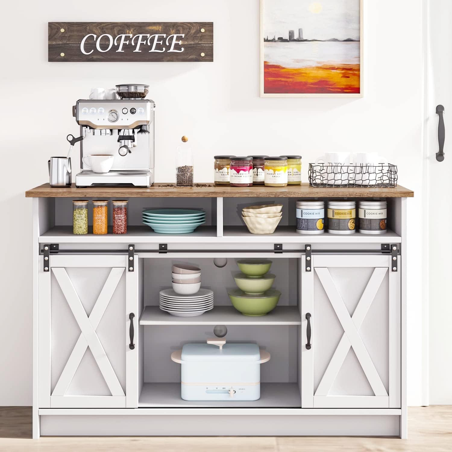 HOMBCK White Farmhouse Coffee Bar Cabinet with Barn Door - Buffet Sideboard with Storage for Living Room, Dining Room, Hallway - Rustic Console Table & Accent Cabinet for Home Decor | Perfect for Coffee Station, Kitchen Storage & Entryway Organization