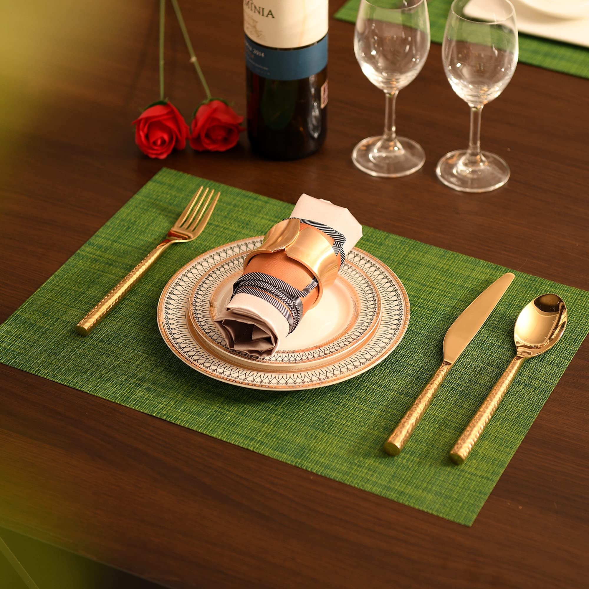 Green Placemats Set of 8 - Waterproof & Heat-Resistant PVC Table Mats for Dining - 17x12 Inch Washable Vinyl Placemats - Perfect for Everyday Meals, Dinner Parties & Holiday Gatherings