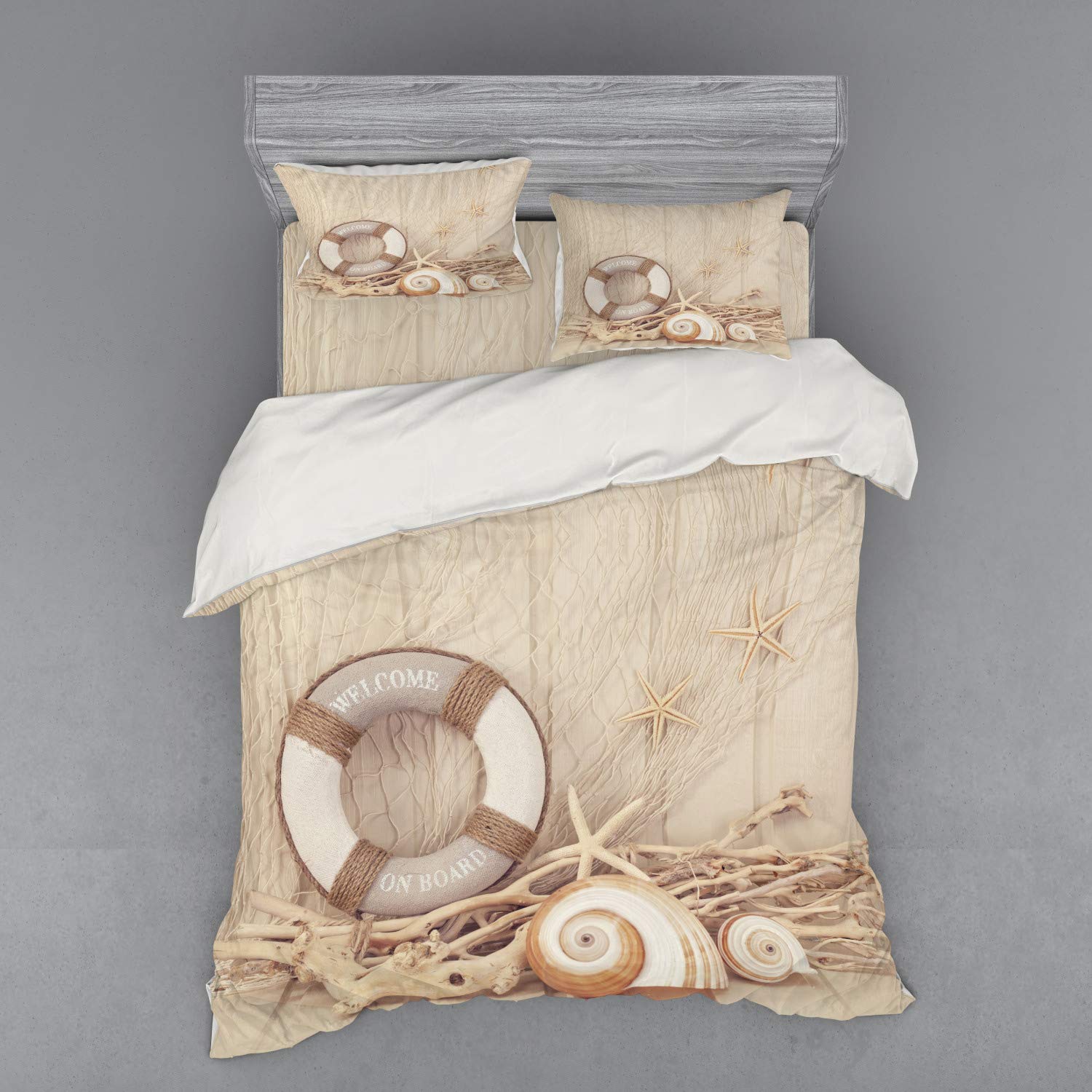 Ambesonne Coastal Duvet Cover Set 4-Piece Queen Size - Nautical Wooden Sepia Fishnet Maritime Theme Printed Bedding with Shams & Fitted Sheet in Tan Beige White | Perfect for Beach House Decor, Ocean-Themed Bedroom & Vacation Home Styling