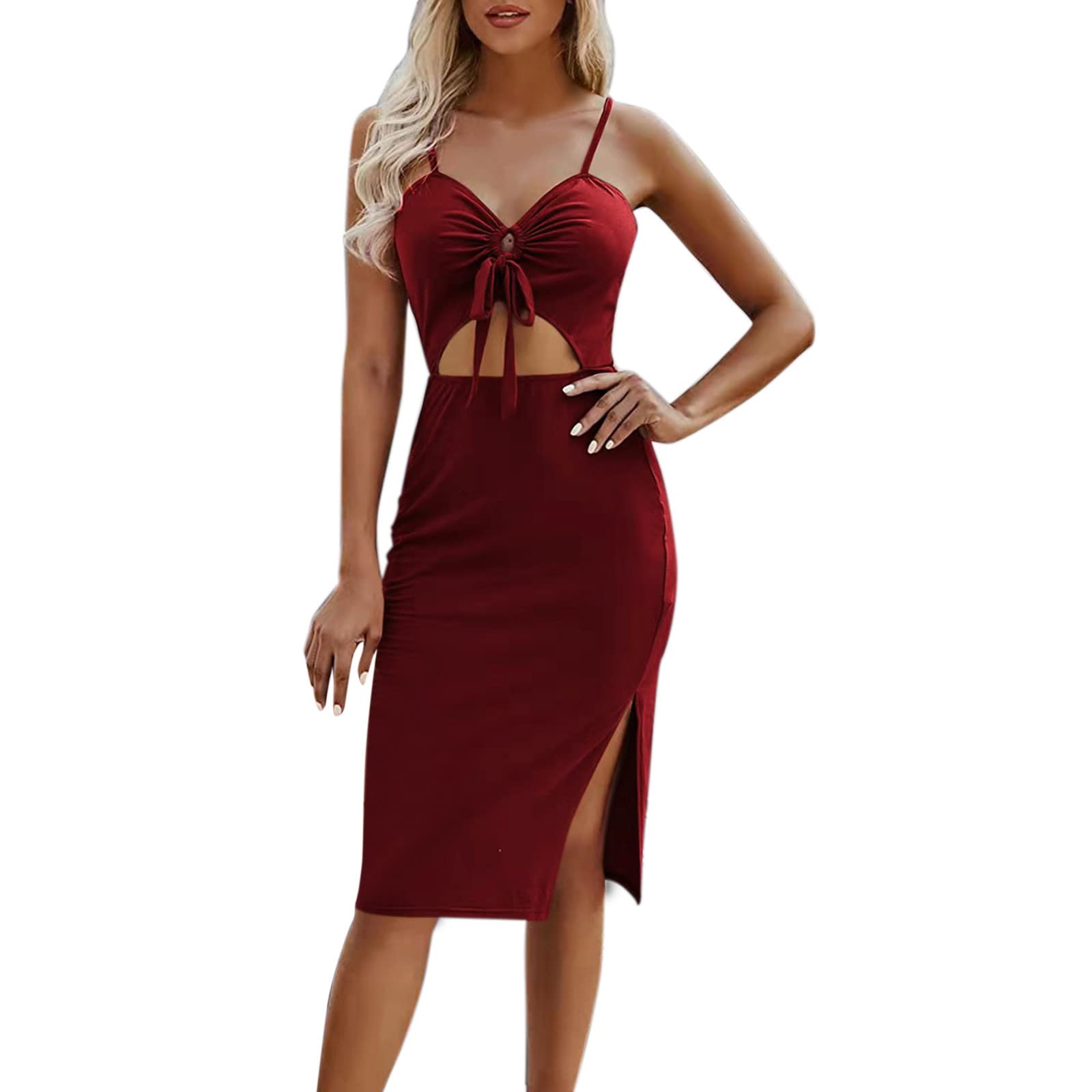 Vintage Women's Spaghetti Strap Satin Midi Dress - Elegant Hollow Out Cocktail Party Dress for Evening, Beach & Special Occasions | Slim Fit Formal Gown for Weddings, Dinners & Night Out