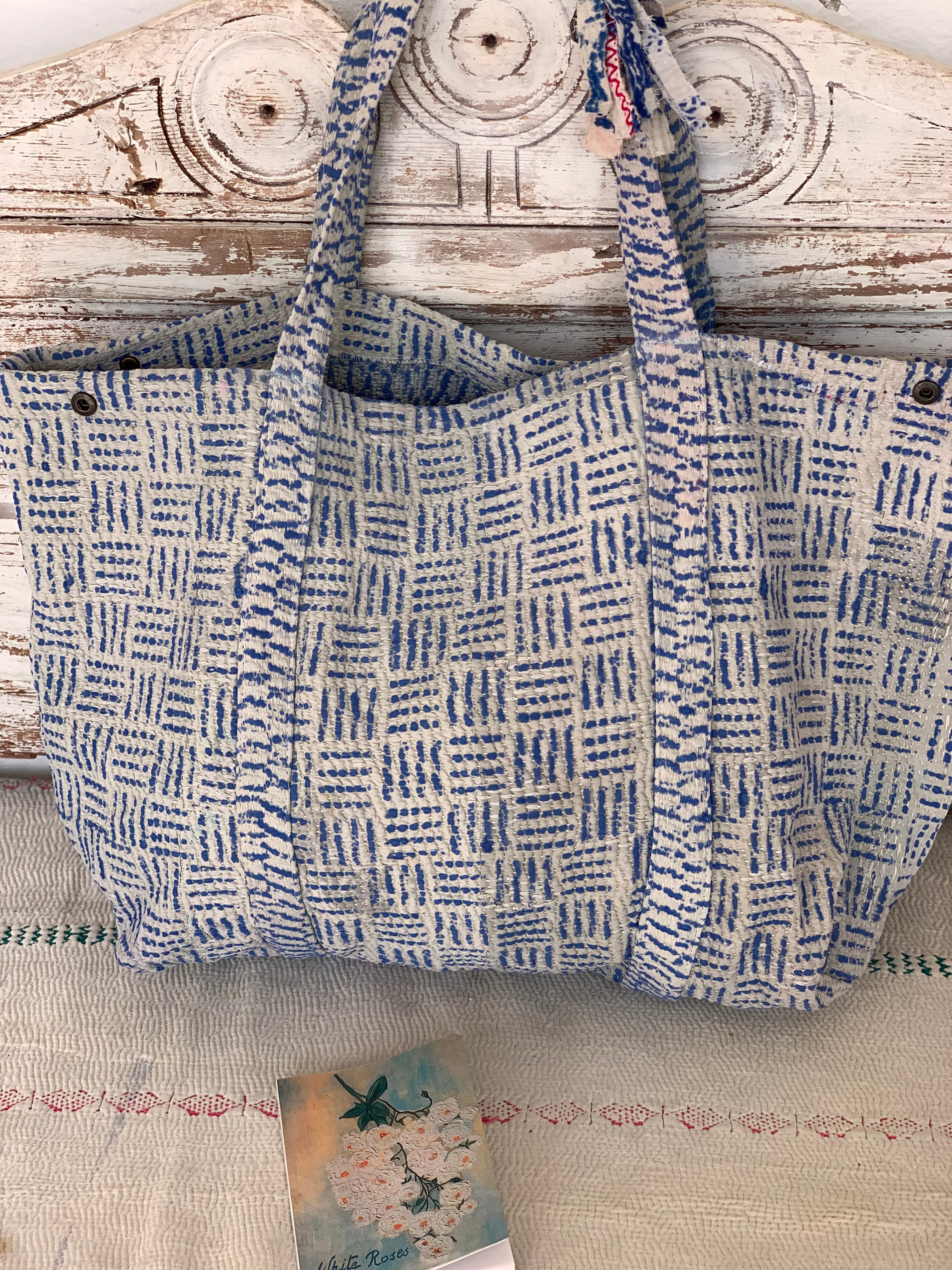 Large Kantha Beach & Travel Bag - Blue Indigo & White - Perfect for Vacations, Picnics, and Weekend Getaways