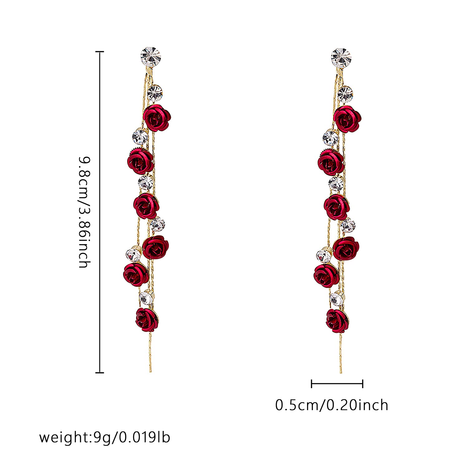 3D Rose Flower Crystal Long Tassel Drop Earrings for Women - CZ Rhinestone Rose Fashion Jewelry in Purple & Red - Elegant Dangle Earrings for Weddings, Parties, Date Nights & Special Occasions