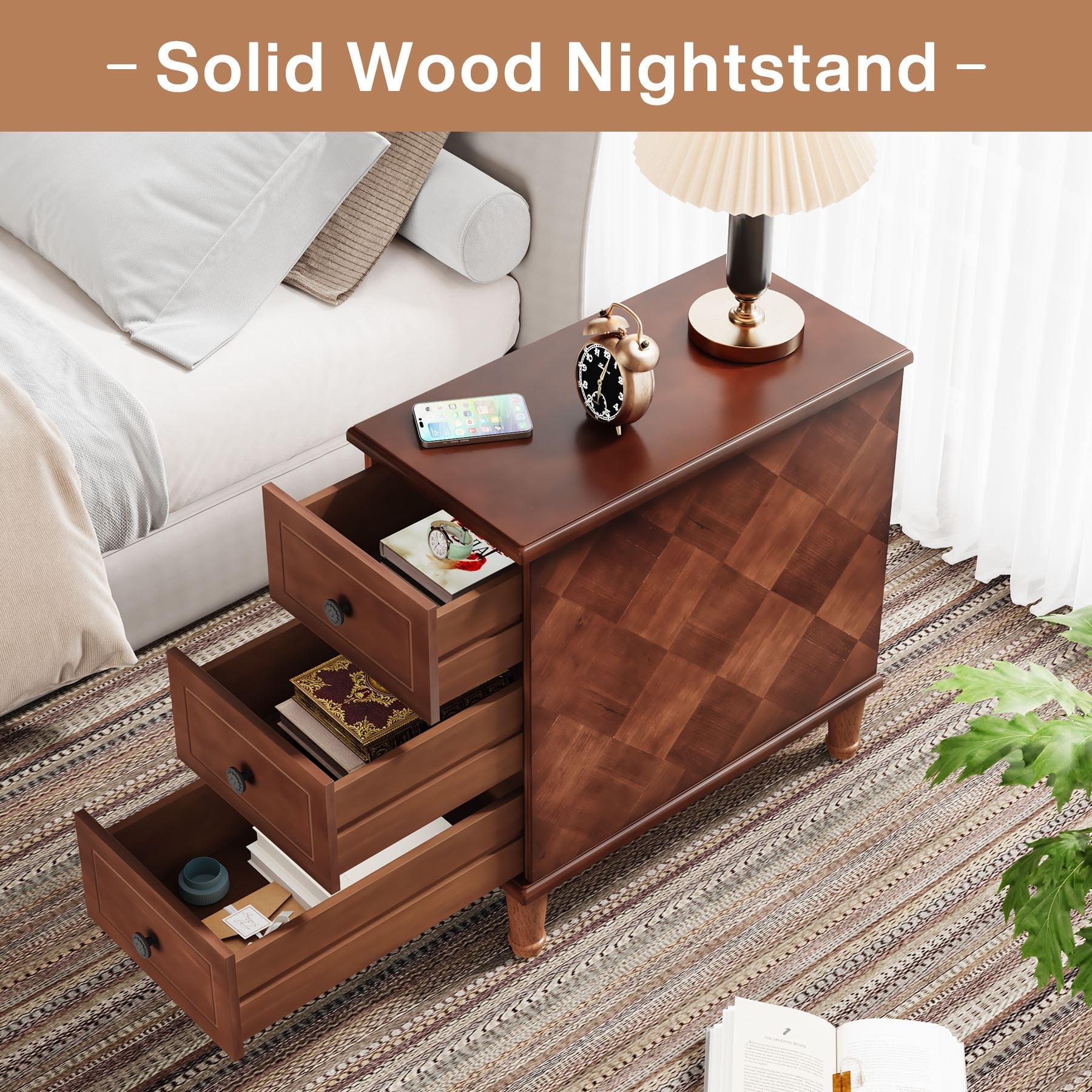 Solid Wood Nightstand with 3 Drawers - Fully Assembled Narrow Bedside Table for Small Spaces | Perfect for Bedrooms, Apartments & Dorm Rooms