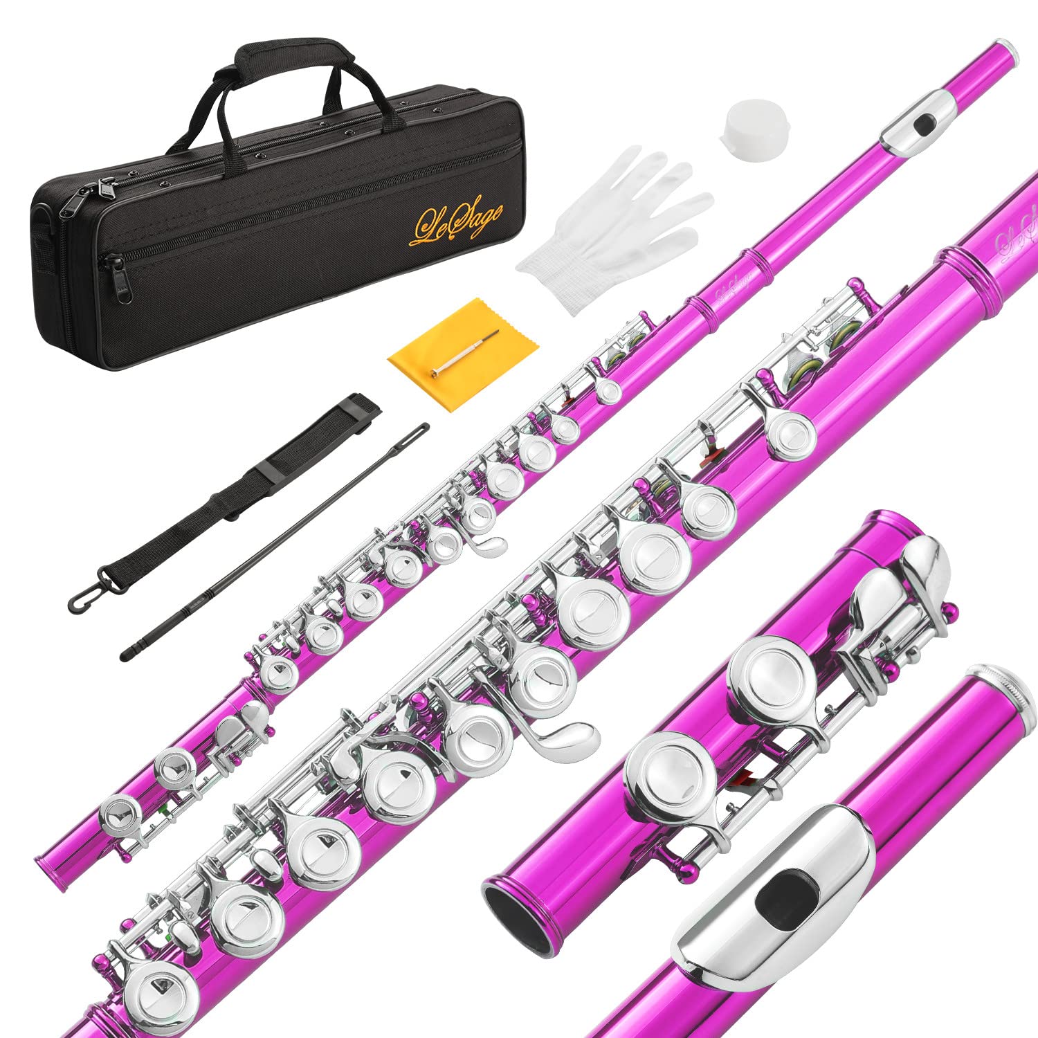 LeSage Closed Hole 16-Key Pink C Flute for Kids & Beginners - Student Flute with Case, Cleaning Kit & Cloth - Perfect for School Band, Music Lessons & Practice