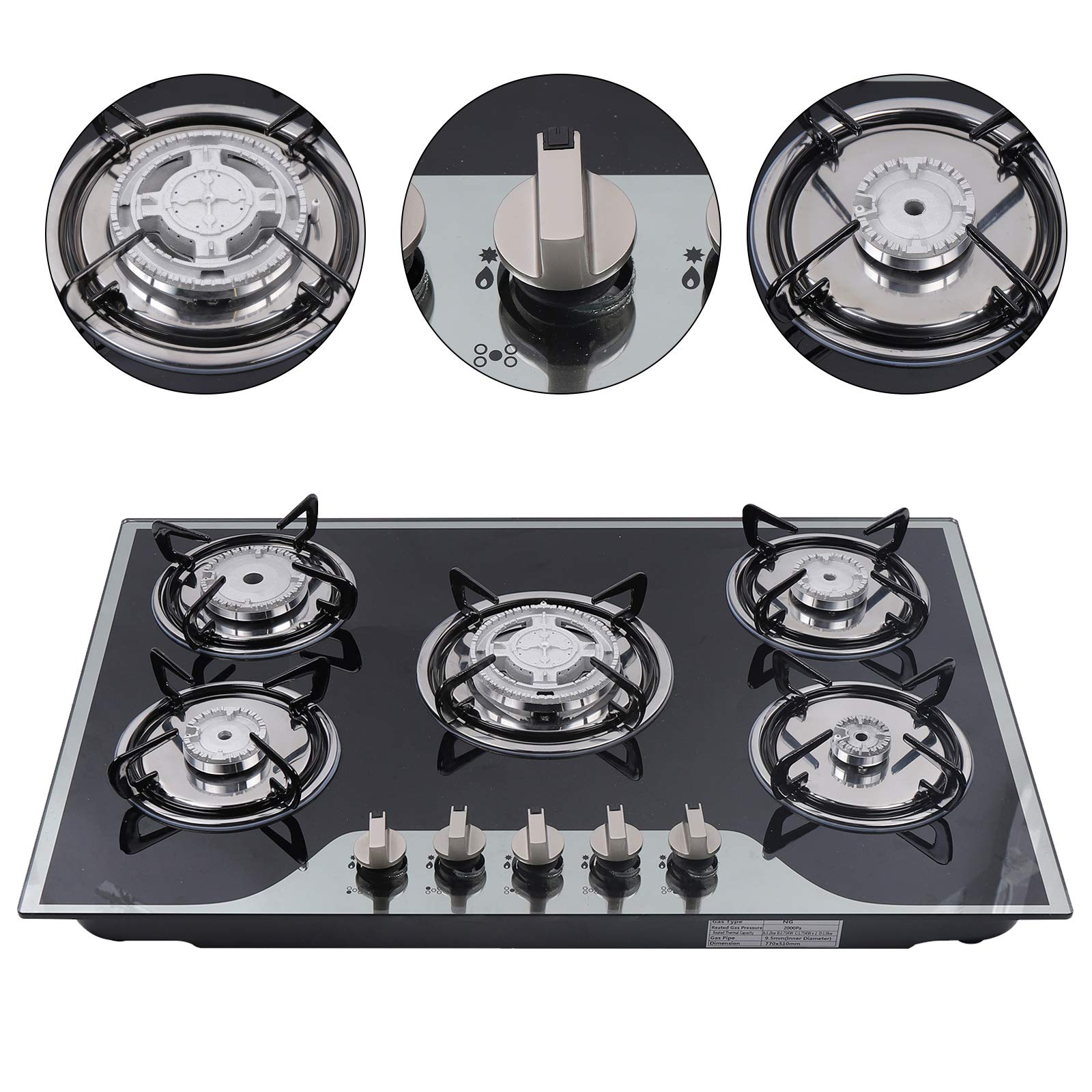 30.3 Inch 5-Burner Built-In Gas Cooktop - LPG/NG Convertible Tempered Glass Stovetop for Modern Kitchens | Perfect for Home Cooking, Entertaining & Professional Chefs