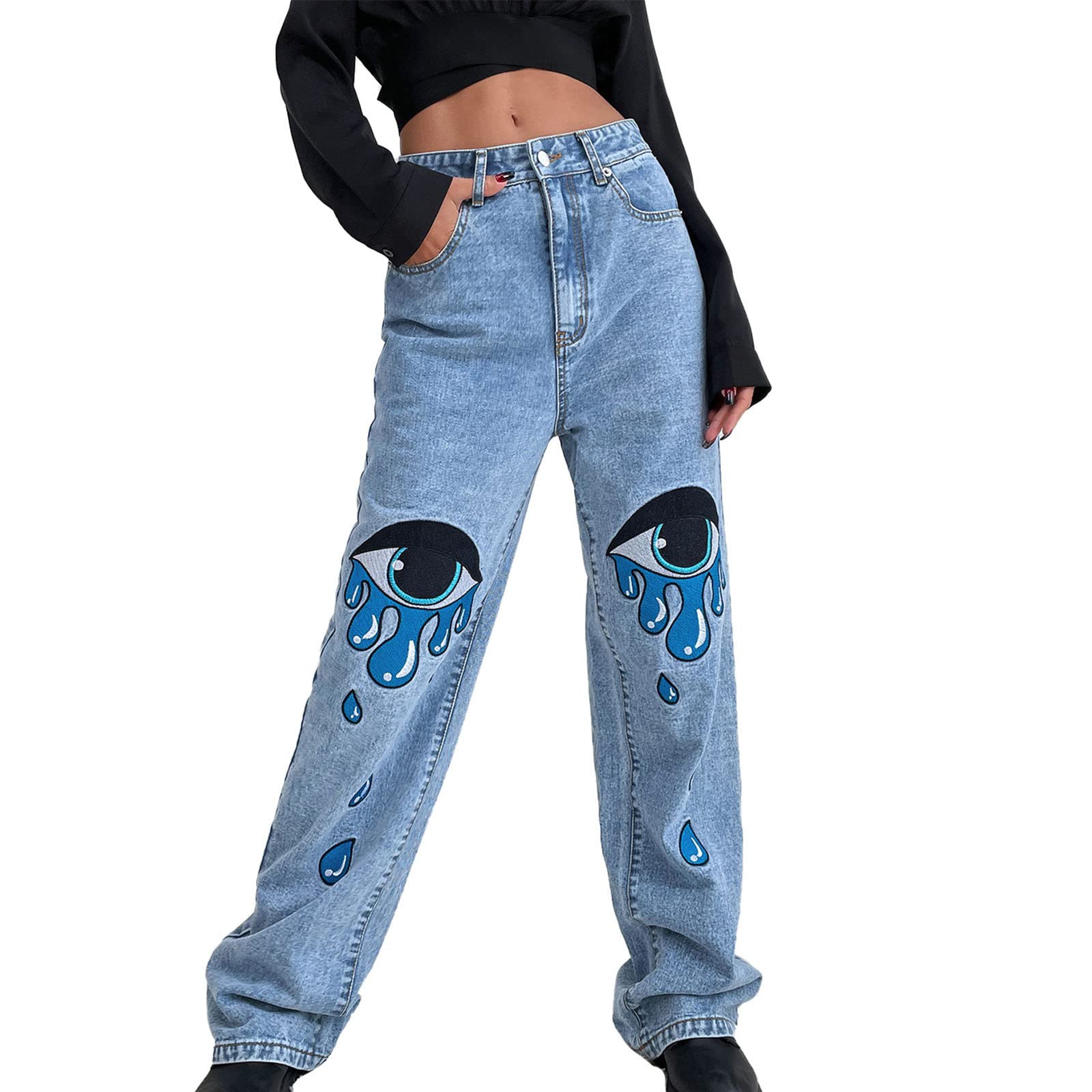 SMIDOW Women's Star & Heart Graphic Denim Jeans - Y2K Straight Leg Baggy Cargo Pants for Casual Wear, Street Style & Retro Fashion Outfits