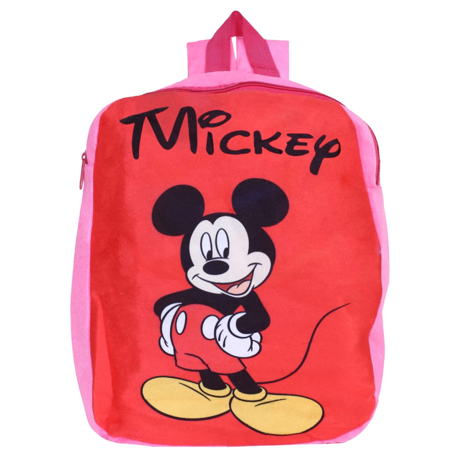 Disney Mickey Mouse Velvet Kids School Backpack for Boys & Girls - 2 Compartment Student Bookbag (Red & Pink) | Perfect for Elementary School, Daycare & Travel