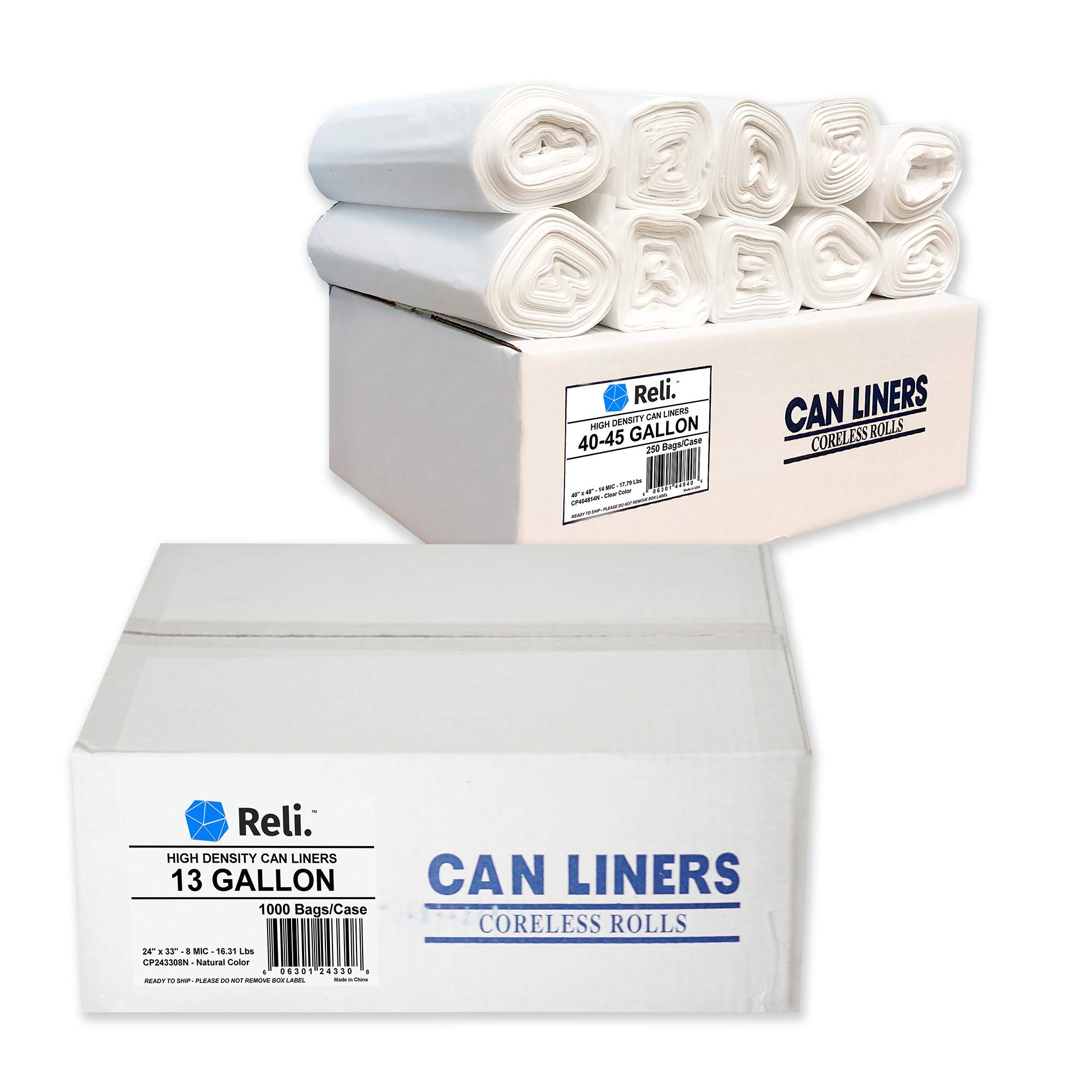 13 Gallon Trash Bags (1000 Count) & 40-45 Gallon Heavy Duty Trash Bags (250 Count) - Extra Large Garbage Bags for Kitchen, Office, and Outdoor Use