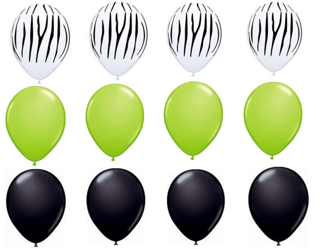 LOONBALLOON 12-Piece Zebra Stripes Print Latex Balloons Set - Black & Lime Green Helium Party Balloons for Birthday, Baby Shower & Wedding Decorations