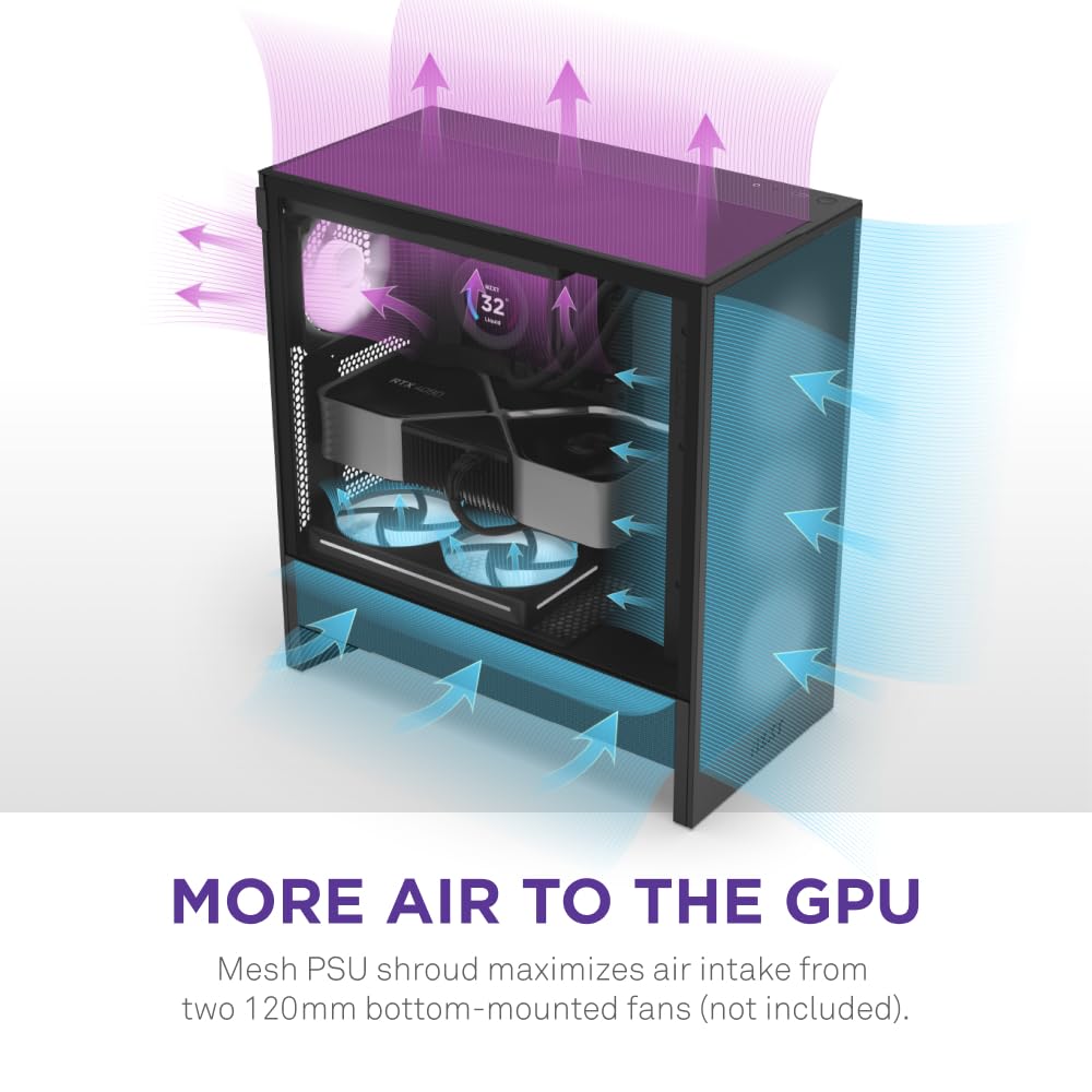 NZXT H5 Flow 2024 Compact ATX Mid-Tower PC Gaming Case - High Airflow Design with 2 x 120mm Fans - Supports 360mm Front & 240mm Top Radiators - Advanced Cable Management & Tempered Glass Side Panel - Sleek Black Finish - Perfect for Gaming Rigs, Streaming Setups, and Custom Water Cooling Builds