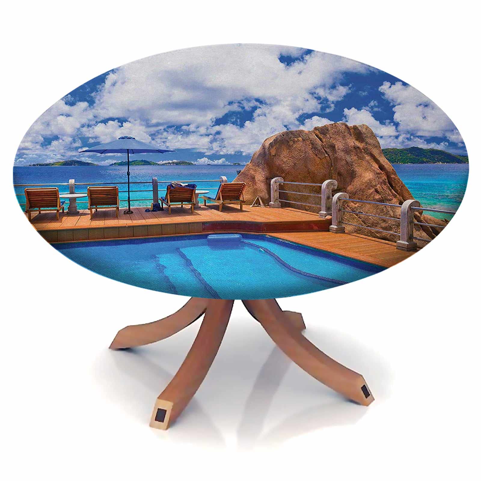 Waterproof Elastic Round Tablecloth 36 Inch - Light Brown Blue White Oil-Proof Wipeable Fitted Table Cover for 24