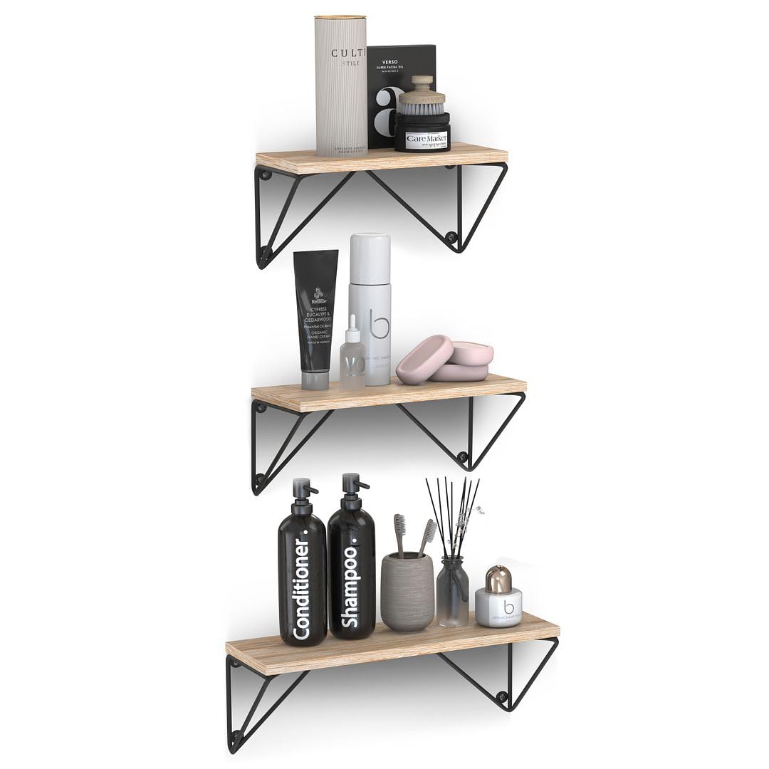 Rustic Floating Wall Shelves Set of 3 - Natural Wood Wall Mounted Shelves with Prism Brackets for Bedroom, Living Room, Kitchen & Bathroom Decor | Perfect for Books, Plants & Home Organization