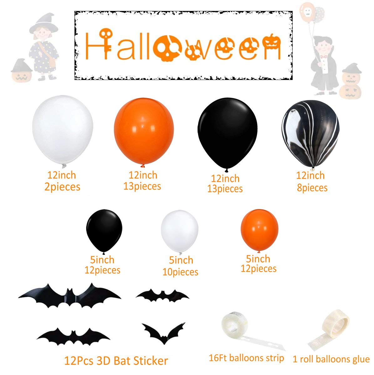 Halloween Balloon Garland Kit - 84 Pack Black Orange White Latex Balloons with 3D PVC Bat Decorations for Halloween Party Supplies | Perfect for Home, School & Office Halloween Decorations
