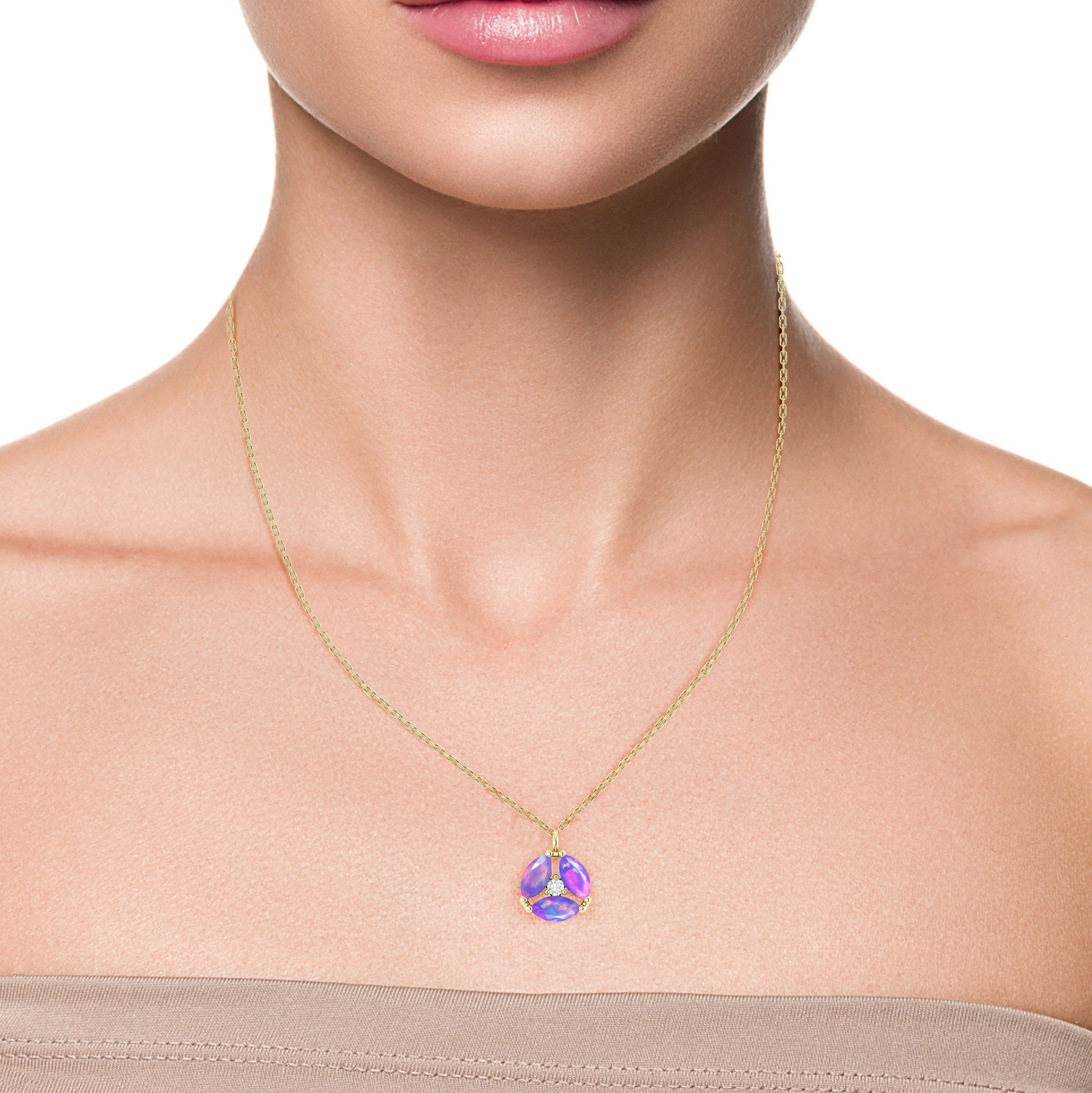 Fire Lavender Opal Three Stone Round Pendant Necklace - Elegant Jewelry Gift for Women, Birthday, Anniversary & Special Occasions