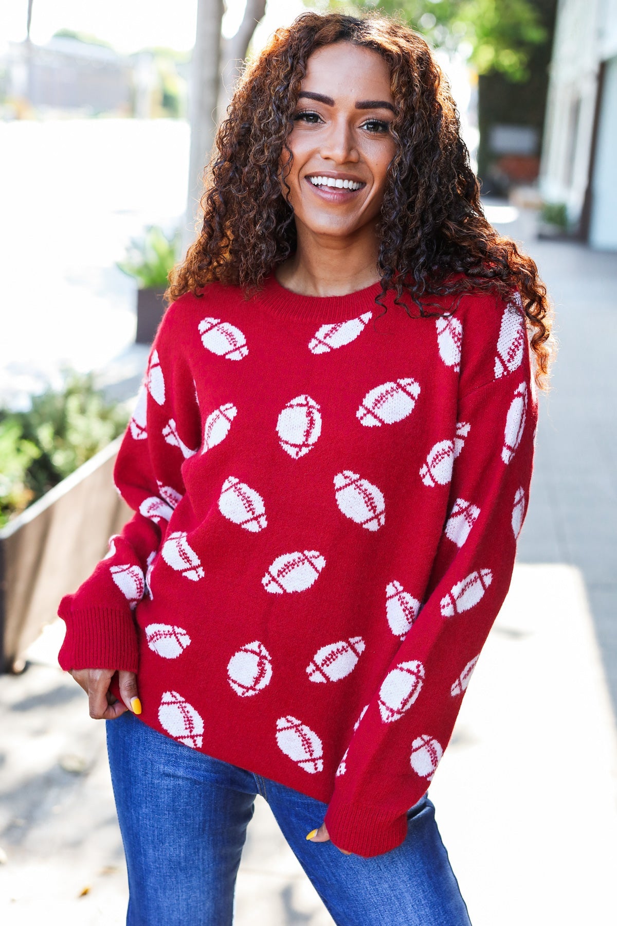 Game Day Red Football Print Jacquard Knit Sweater for Men - Cozy Team Spirit Pullover for NFL Fans, Tailgating & Winter Sports