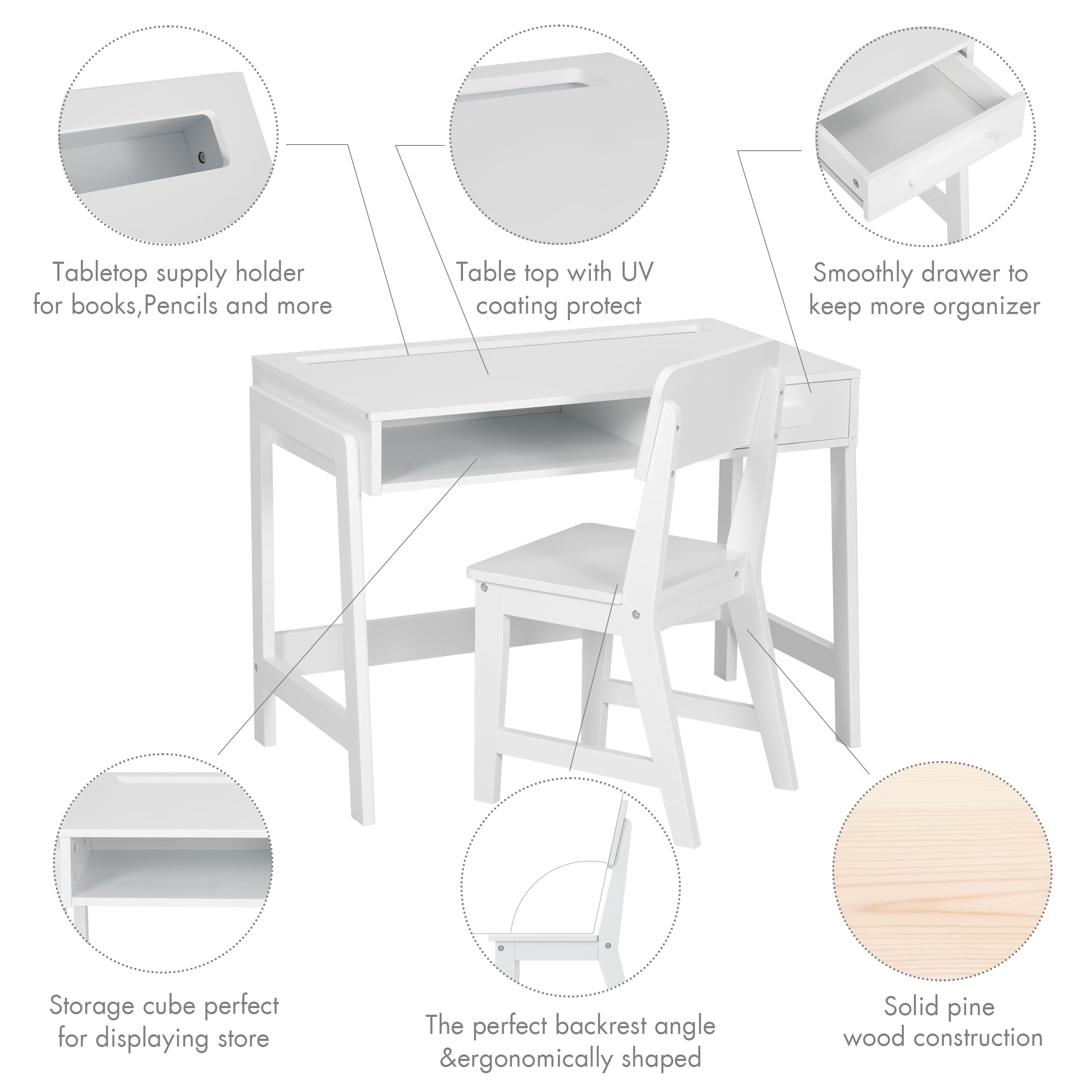 UTEX Kids Desk and Chair Set - Adjustable Wooden Study Desk with Storage Drawers, Ergonomic Children's Writing Table & Computer Workstation for Homework, Online Learning in Bedroom, Study Room or Homeschool Classroom