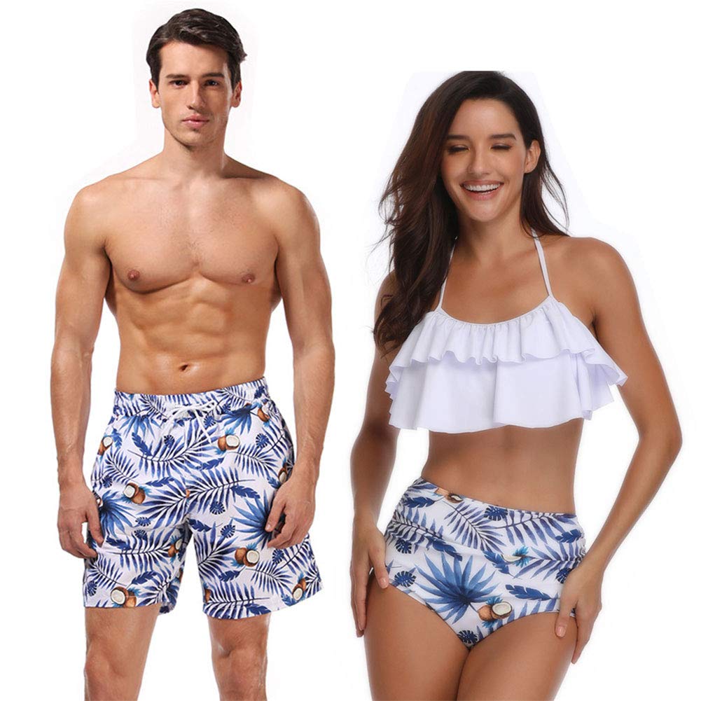 Blue Coconut & Leaves Matching Couples Swimsuit Set - Men & Women's Beach Bathing Suits for Tropical Vacations & Summer Getaways
