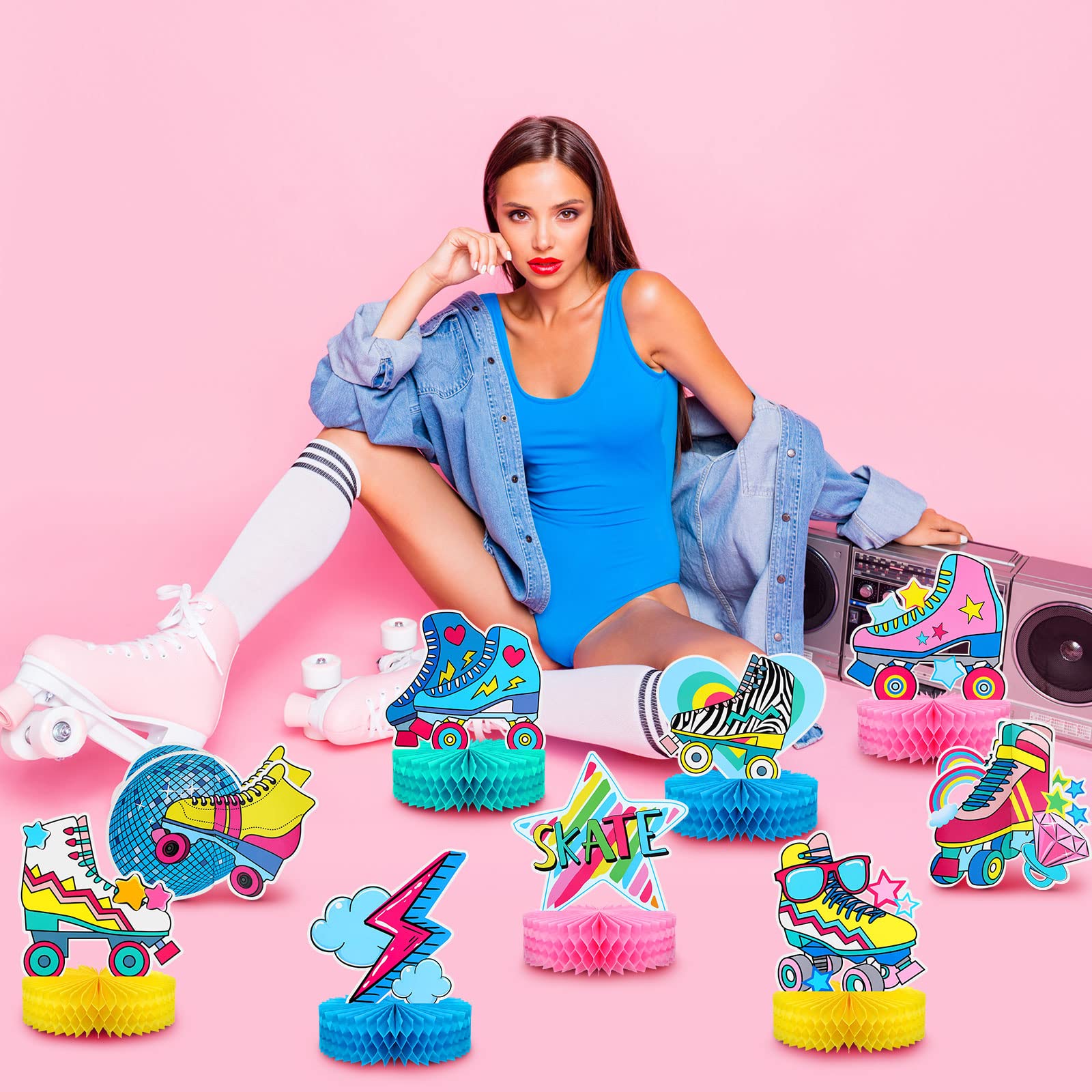 9 Pcs Retro Roller Skate Party Decorations - 3D Honeycomb Skateboard Centerpieces for 80s 90s Themed Parties, Birthdays & Roller Rink Events - Perfect Table Decor & Skating Party Supplies