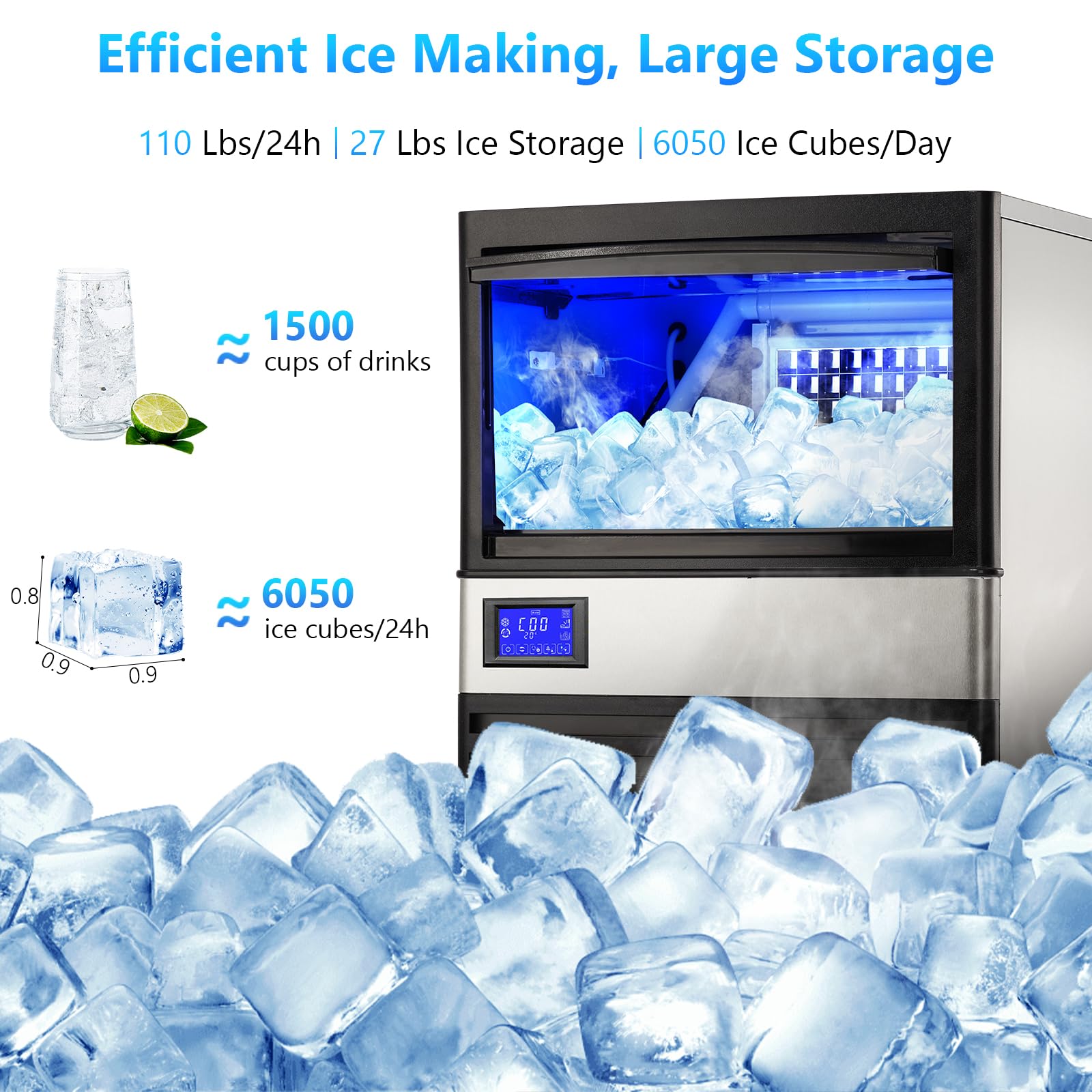Pioneerworks Commercial Ice Maker Machine 110lbs/24H, Under Counter Self-Cleaning Ice Machine with 27lbs Storage Bin, LCD Display & Blue Light - Stainless Steel Ice Maker for Restaurants, Bars, Coffee Shops & Home Use - Perfect for Beverage Service, Parties & Commercial Kitchens