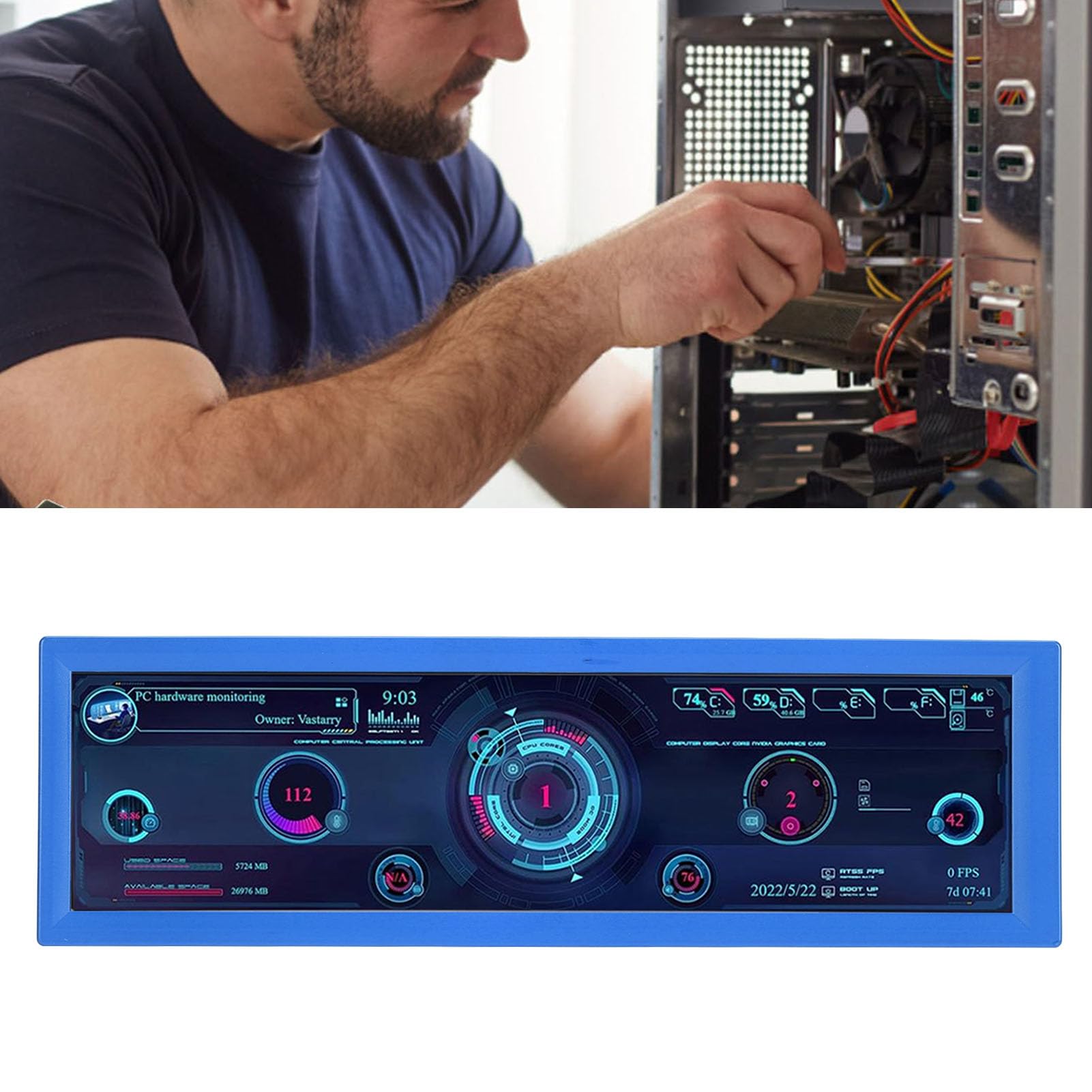 CICIGLOW 8.8 Inch PC Temperature Monitor - HD IPS 1920x480 Mini HDMI/USB Secondary Screen for CPU GPU RAM FPS HDD Data Display (Blue) - Perfect for Gaming Rigs, Workstations & PC Build Monitoring