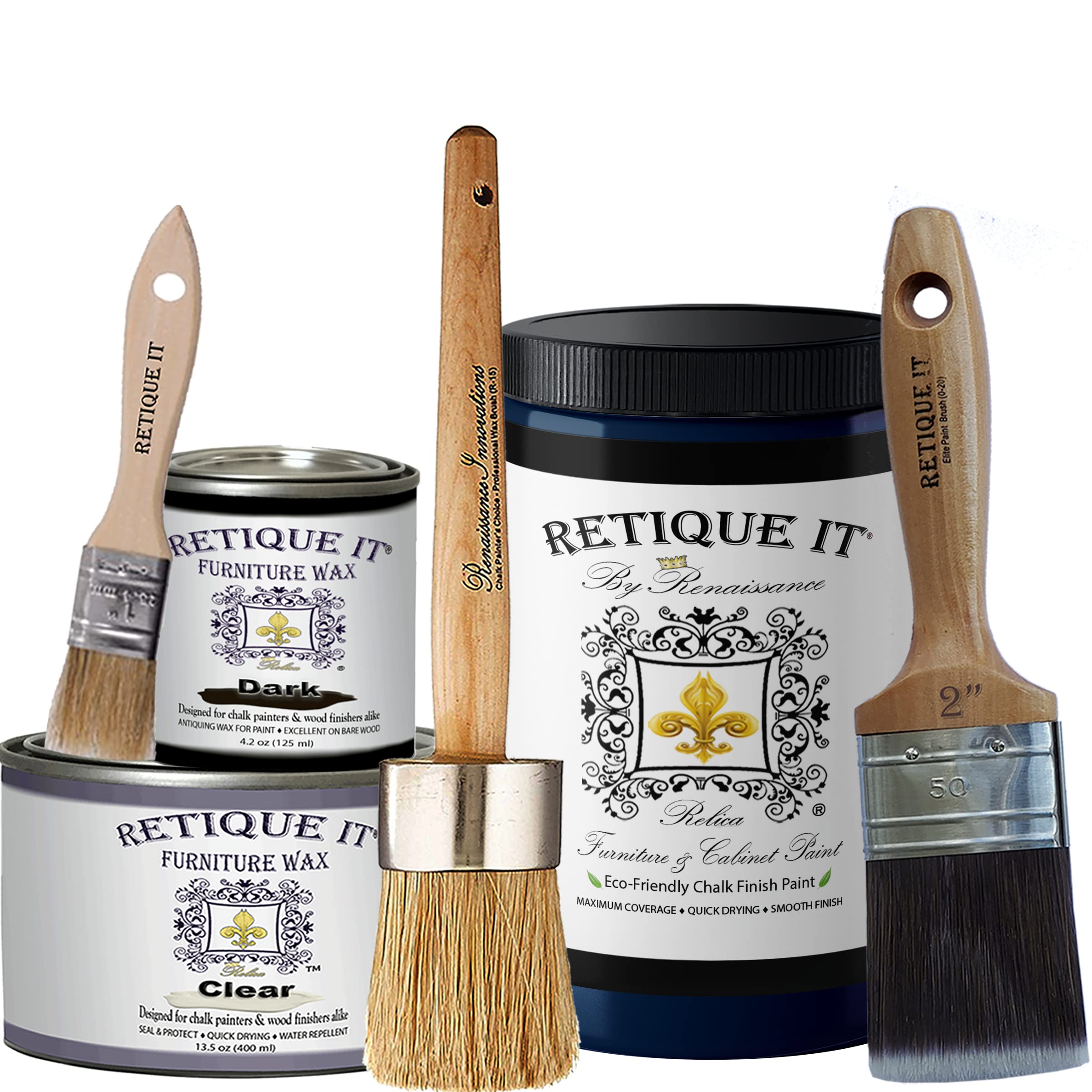Retique It Chalk Furniture Paint by Renaissance Deluxe 8-Piece Starter Kit - 45 Black Indigo for DIY Furniture Makeover & Home Decor Projects