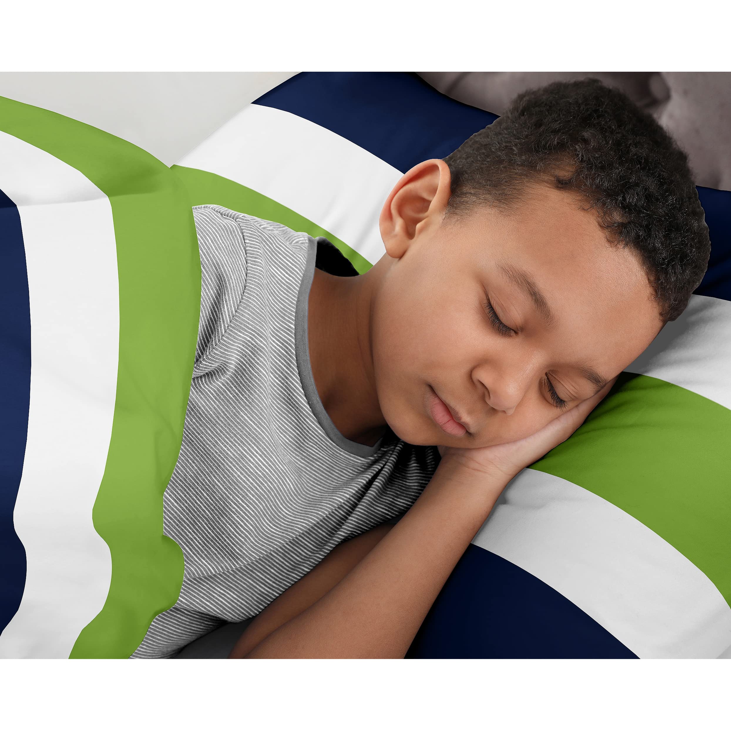 Navy Blue Lime Green and White Stripe 4-Piece Teen Boys Twin Bedding Set - Soft & Durable Comforter, Sheet, Pillowcase Collection for Kids' Bedroom Decor & Cozy Sleep
