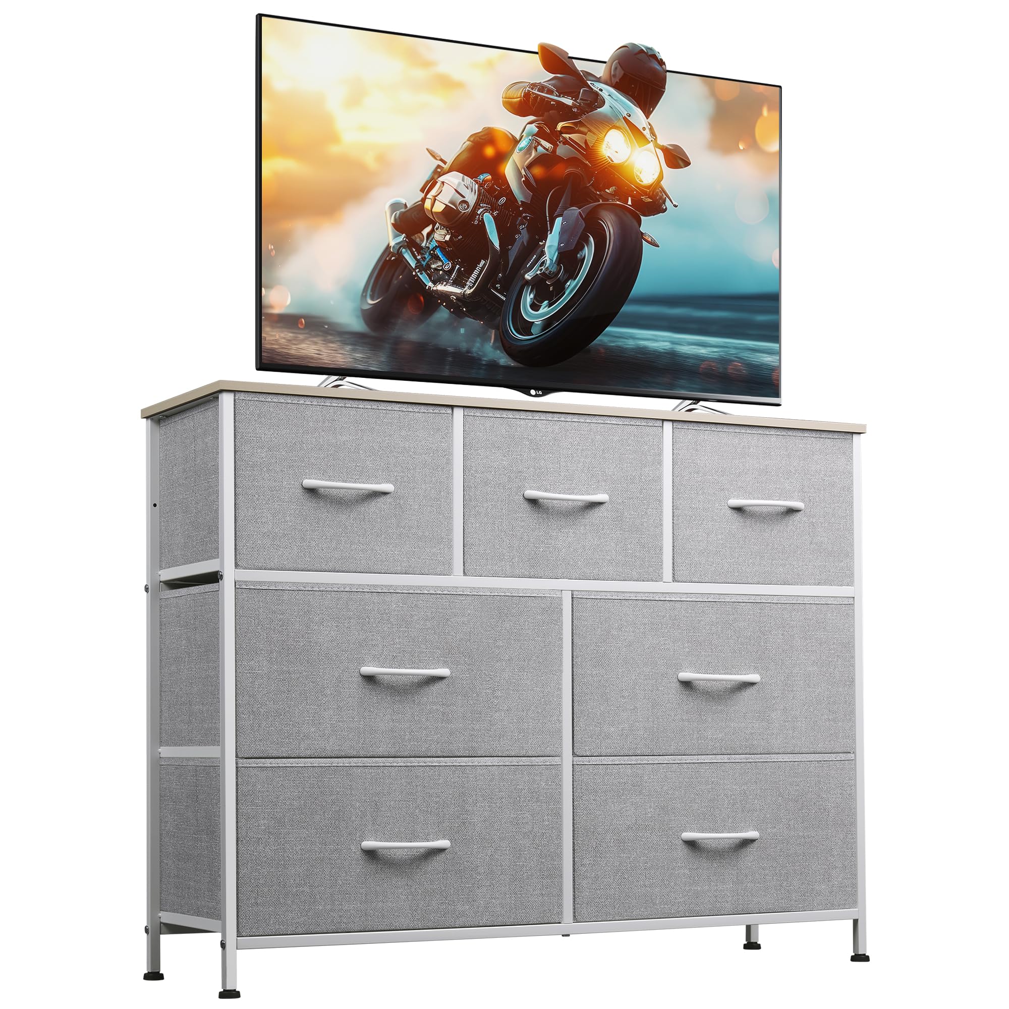 WLIVE 7-Drawer TV Stand Dresser with Metal Frame & Wood Top - 45 Inch Entertainment Center, Media Console for Bedroom & Living Room - Light Grey - Perfect for Organizing Electronics, Storing Blankets & Enhancing Home Decor