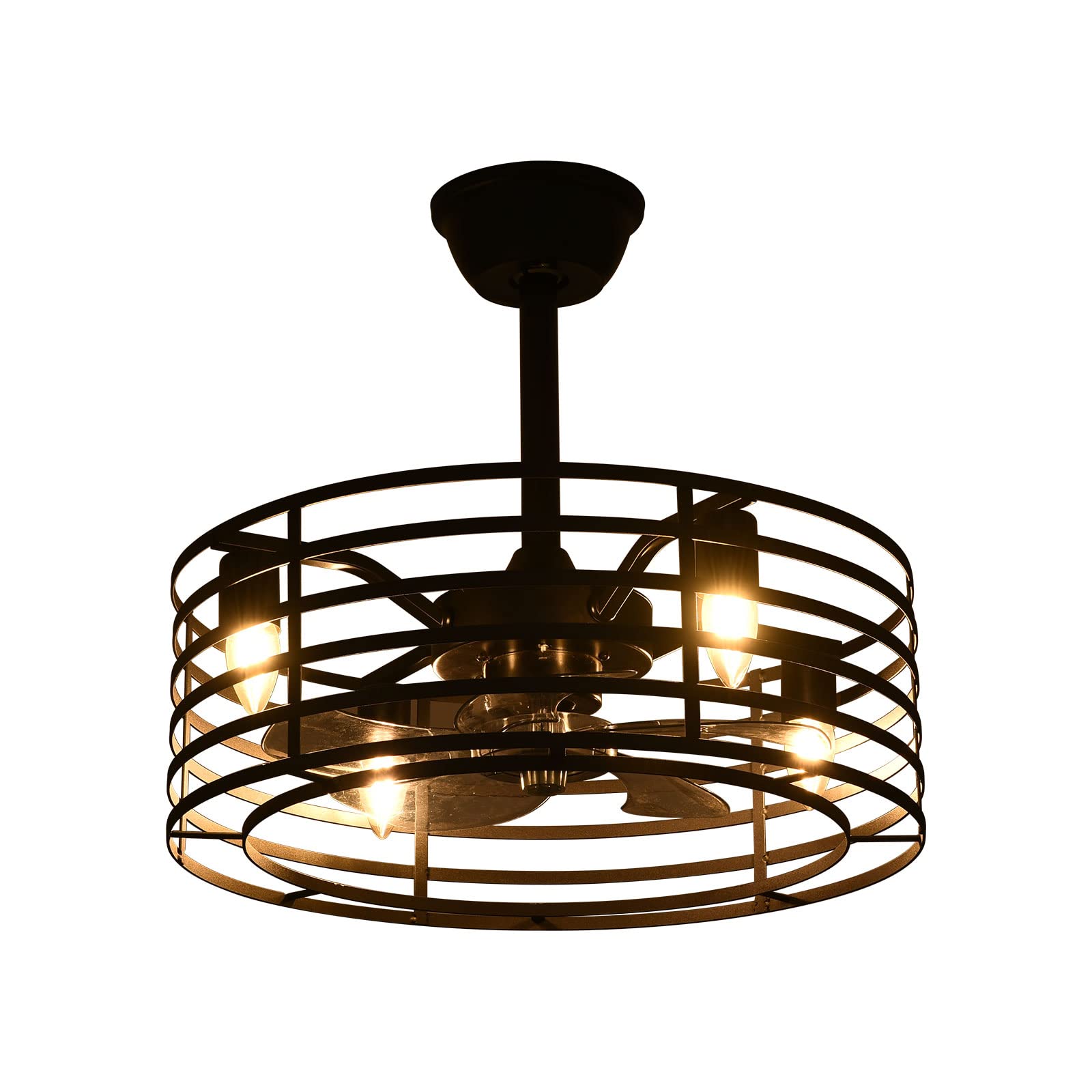 20 Inch Black Industrial Caged Ceiling Fan with Light and Remote Control - 3 Speed Adjustable Bladeless Design for Kitchen, Bedroom, Living Room & Farmhouse - E12 Base (Bulbs Not Included) - Perfect for Modern Homes and Rustic Decor