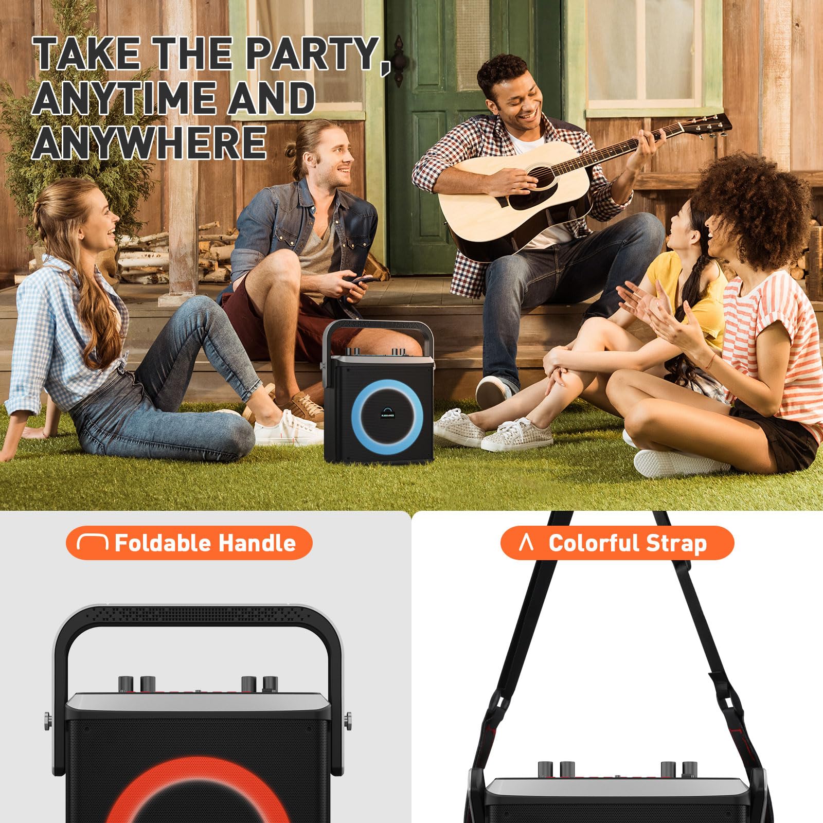 Portable Bluetooth Karaoke Machine with 2 Wireless Microphones & LED Lights - PA System Supports TF Card/USB/AUX - Perfect for Home Parties, Family Gatherings & Kids Entertainment (Black)