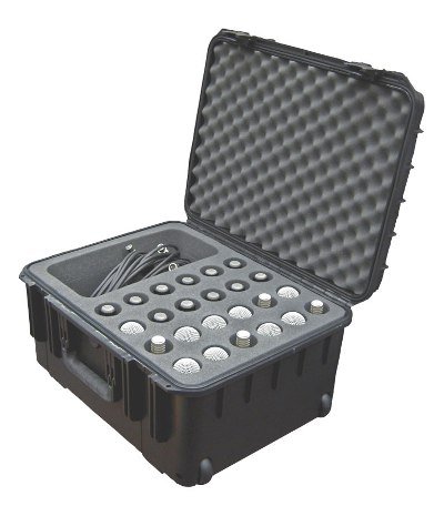 SKB Injection Molded Microphone Case with Foam Insert - Holds 24 Mics, Storage Compartment & Wheels - Perfect for Studio, Live Performances & Equipment Transport