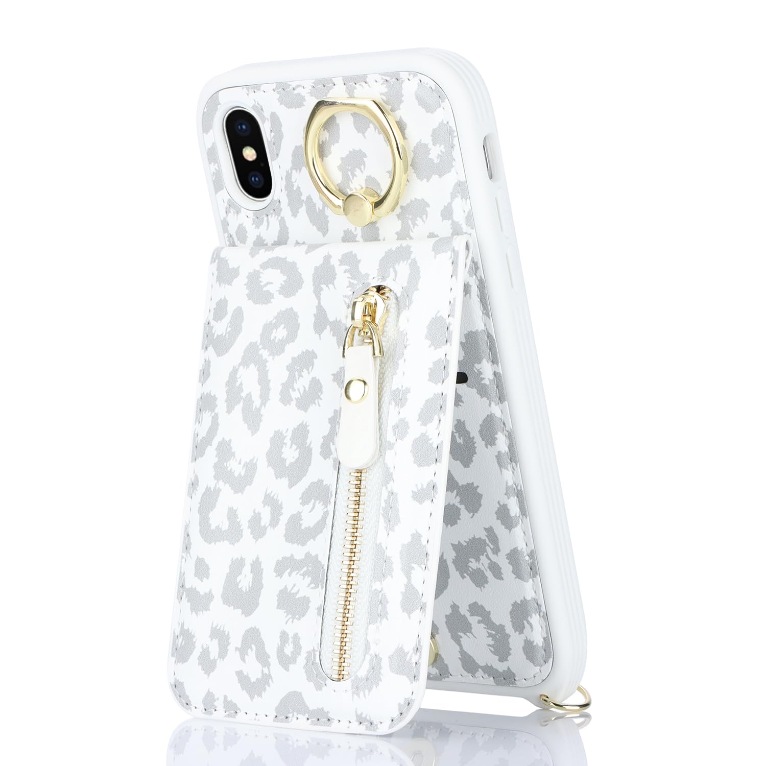 Premium iPhone Xs Max Wallet Case for Women - Slim Card Holder with Strap, Kickstand & Zipper Closure (White Leopard Print) | Perfect for Everyday Use, Travel & Hands-Free Convenience