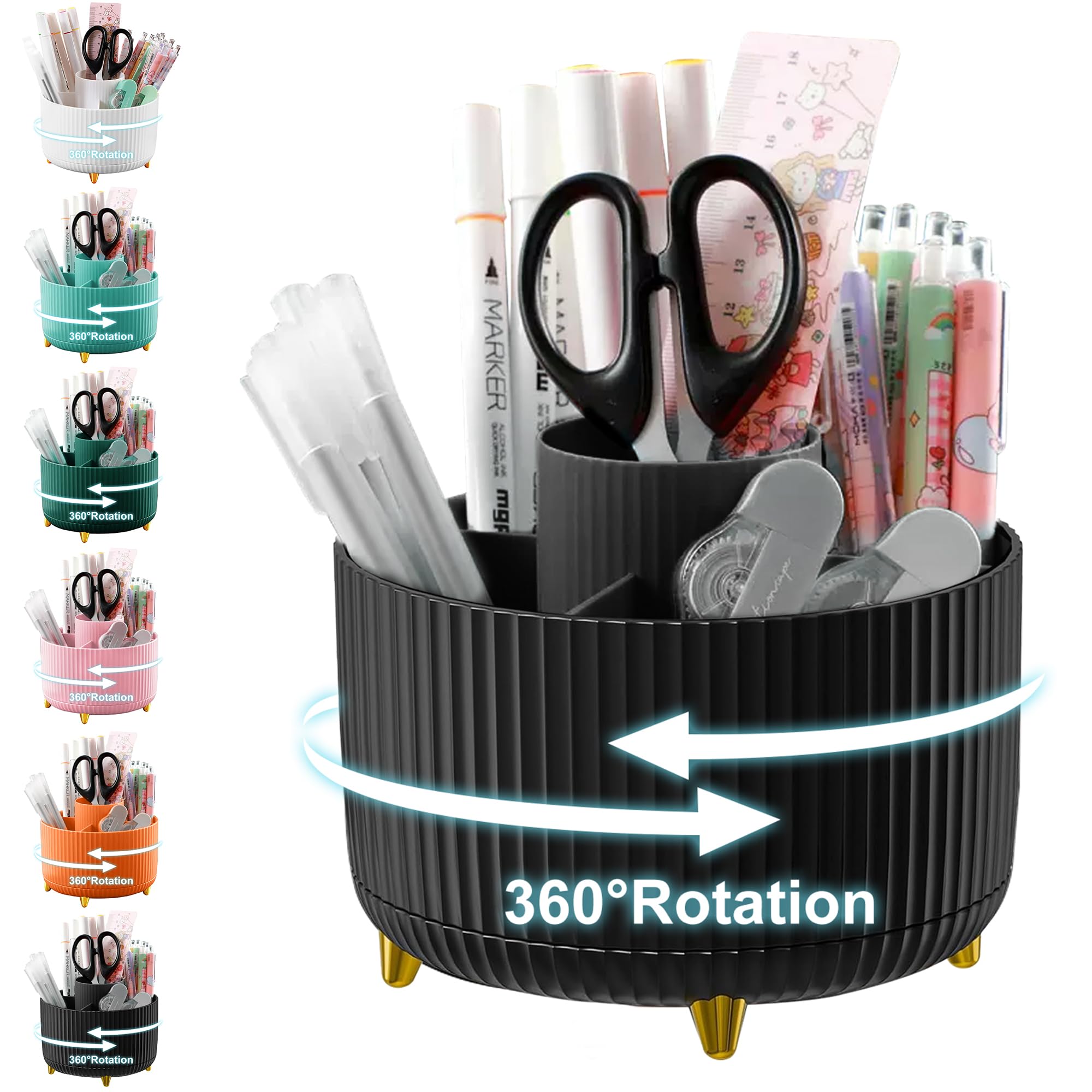 360° Rotating 5-Slot Pencil Holder for Desk - Black | Office, School & Home Desk Organizer for Pens, Markers & Stationery Supplies | Perfect for Workspace, Study & Craft Room Organization