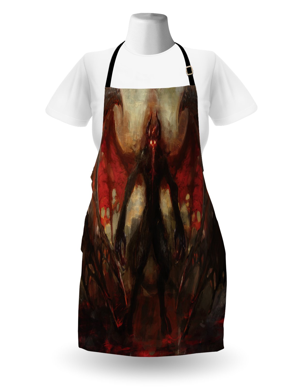 Ambesonne Fantasy World Apron - Devil Shadow with Wings Design, Unisex Adjustable Kitchen Bib Apron for Cooking, Baking, Grilling & Gardening - Perfect for Halloween, Cosplay & Gothic Themed Parties (Red & Grey)