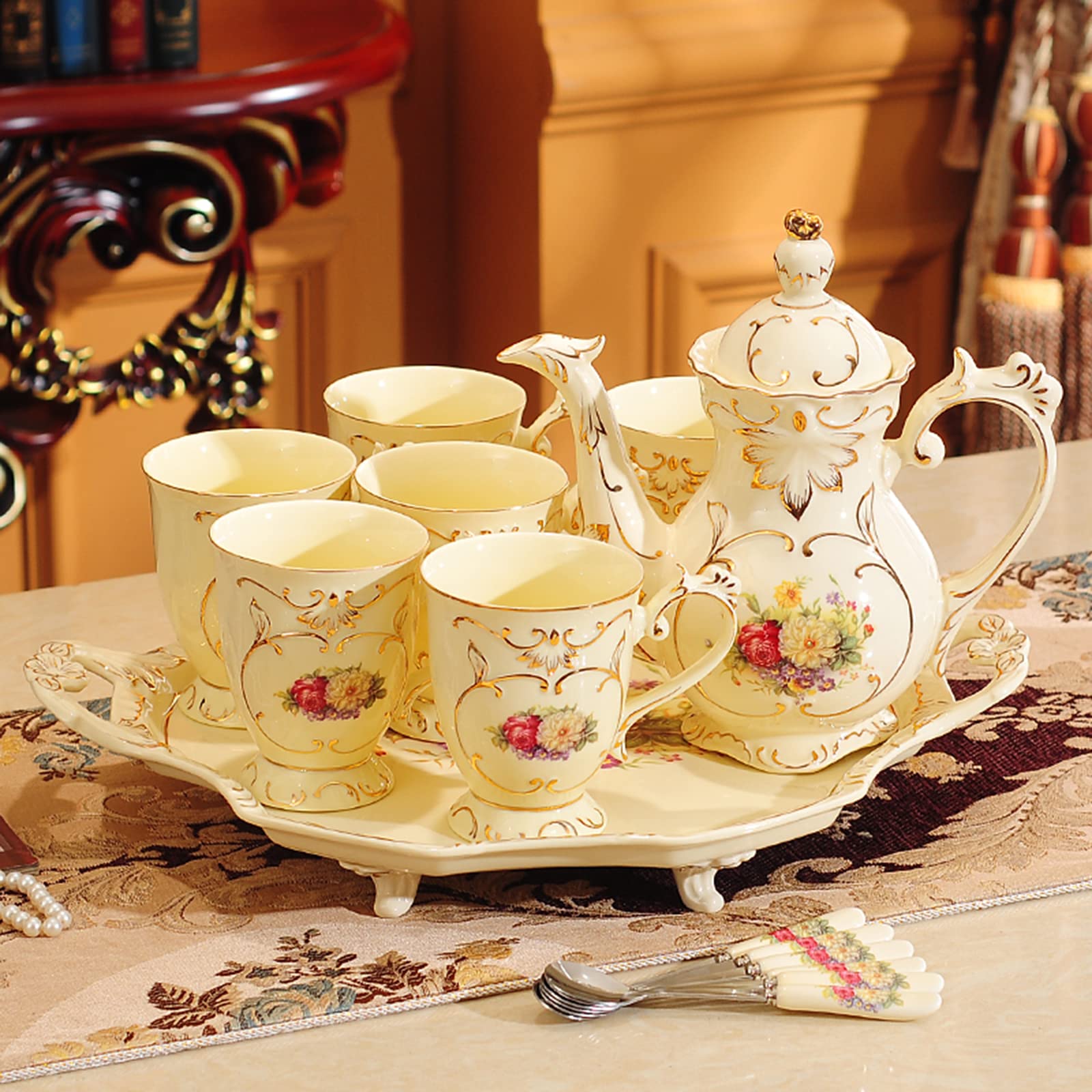 8-Piece Floral Porcelain Tea Set with Teapot, Cups, Saucers & Teaspoons - Gold Trim Hibiscus Design, Elegant China Ceramic for Afternoon Tea, Bridal Shower & Housewarming Gifts (Gift Box Included)