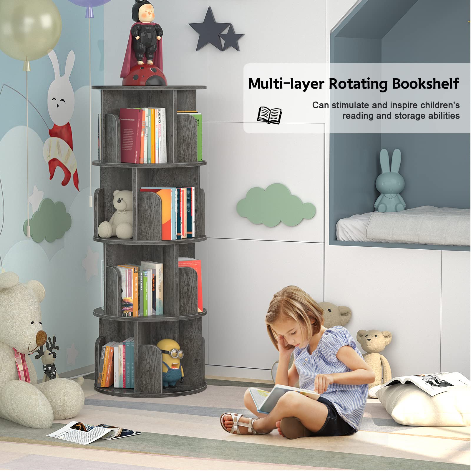 360° Rotating Bookshelf - 4-Tier Floor Standing Bookcase Storage Organizer for Small Spaces, Bedroom, Living Room & Study - Grey Oak Wood Narrow Shelf | Perfect for Corner Display & Space-Saving Storage