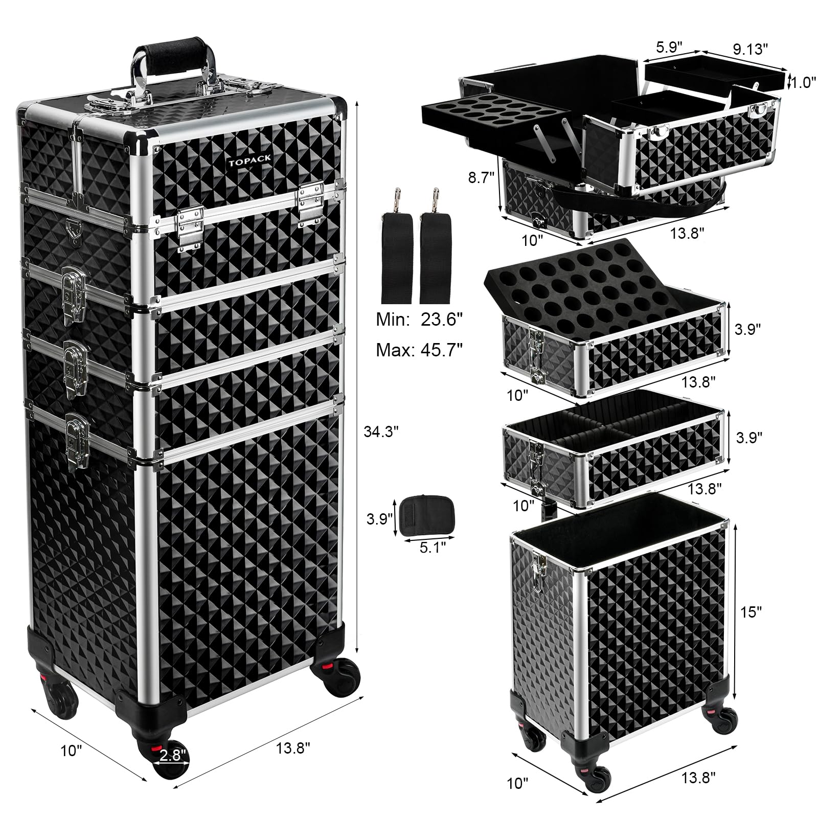 Professional 5-in-1 Rolling Makeup Train Case with Key & Shoulder Strap - Large Cosmetic Organizer for Travel | Portable Cosmetology Case on Wheels with Handle Cushion | Perfect for Makeup Artists, Salon Professionals & Beauty Enthusiasts