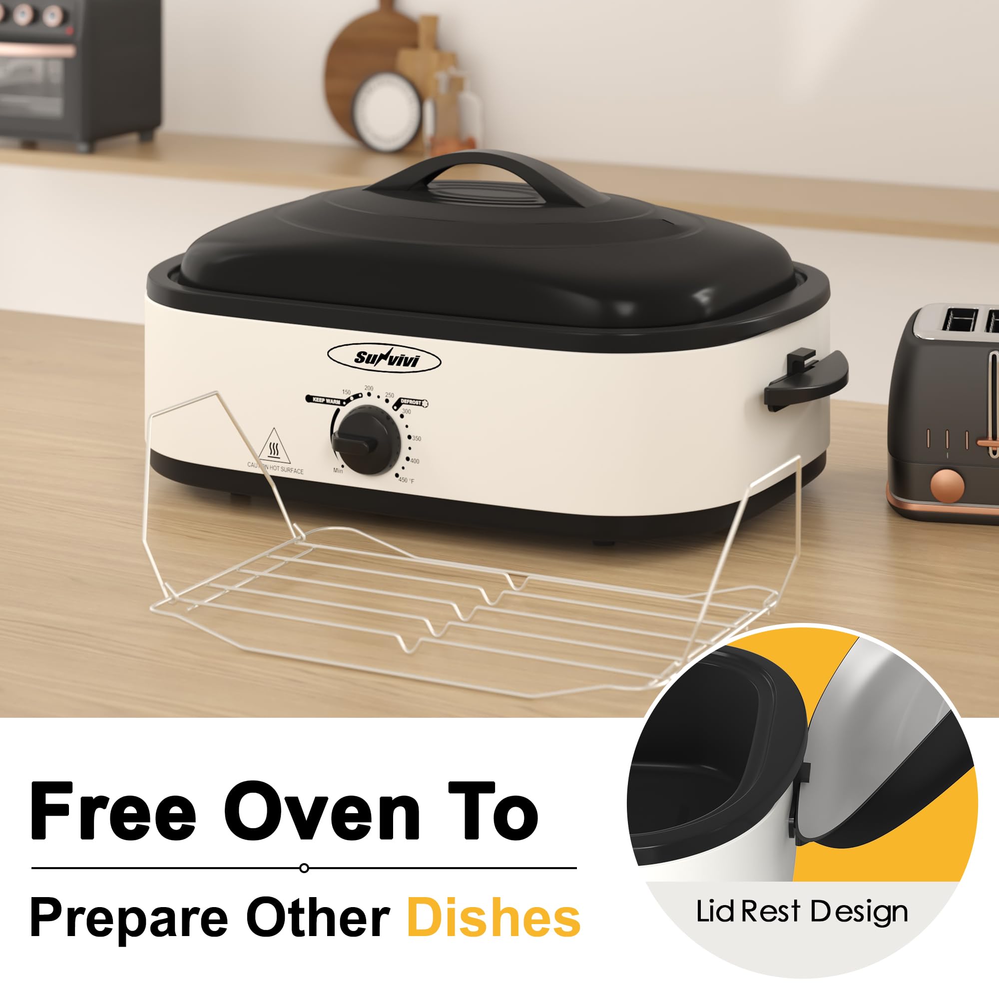 Sunvivi 14-Quart Electric Roaster Oven with Self-Basting Lid - Stainless Steel Turkey Roaster with Removable Pan & Rack - Perfect for Thanksgiving, Holiday Cooking & Large Family Gatherings (White)