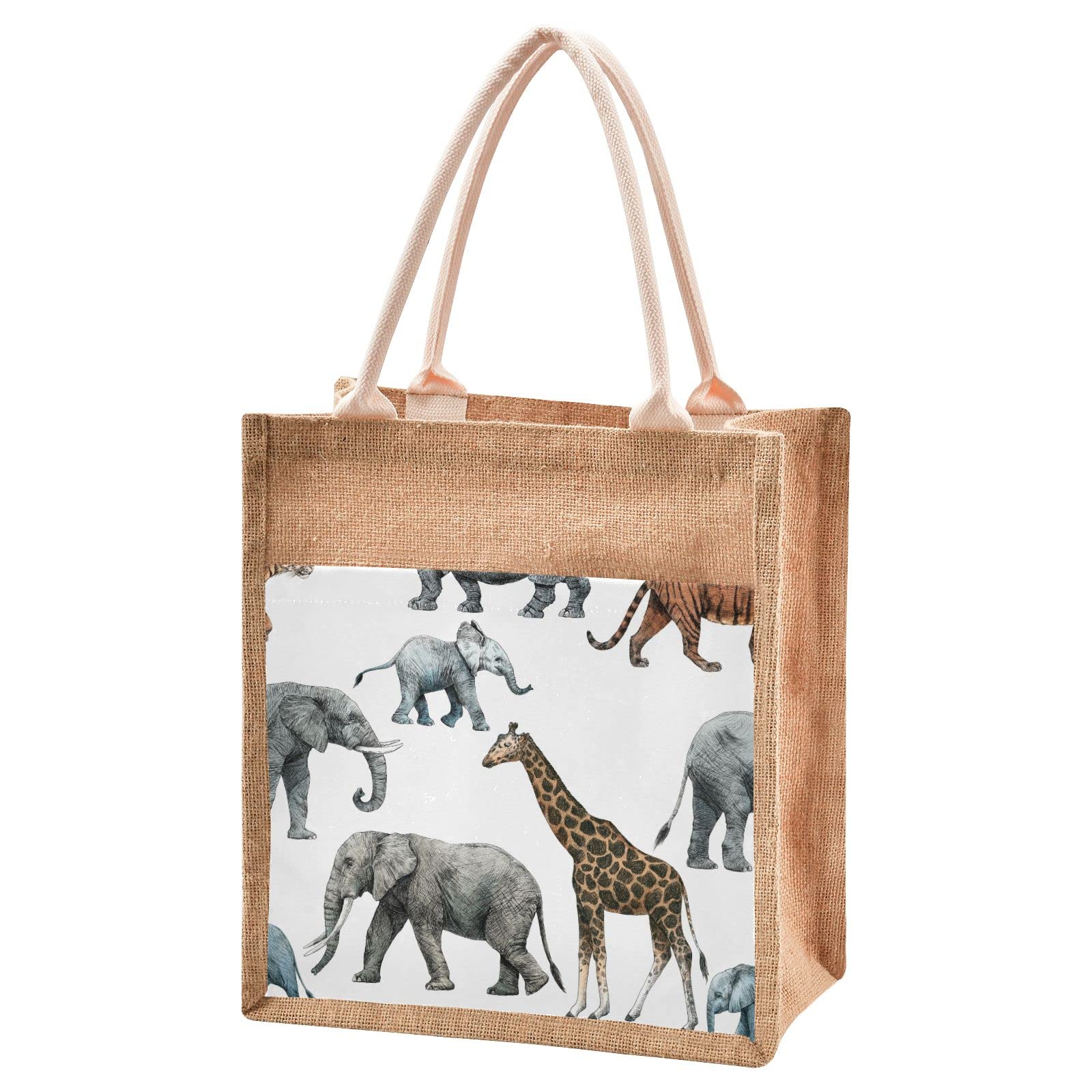Eco-Friendly Jute Tote Bag with Giraffe & Elephant Print - Reusable Grocery Shopping Bag for Women, Beach & Travel - 13