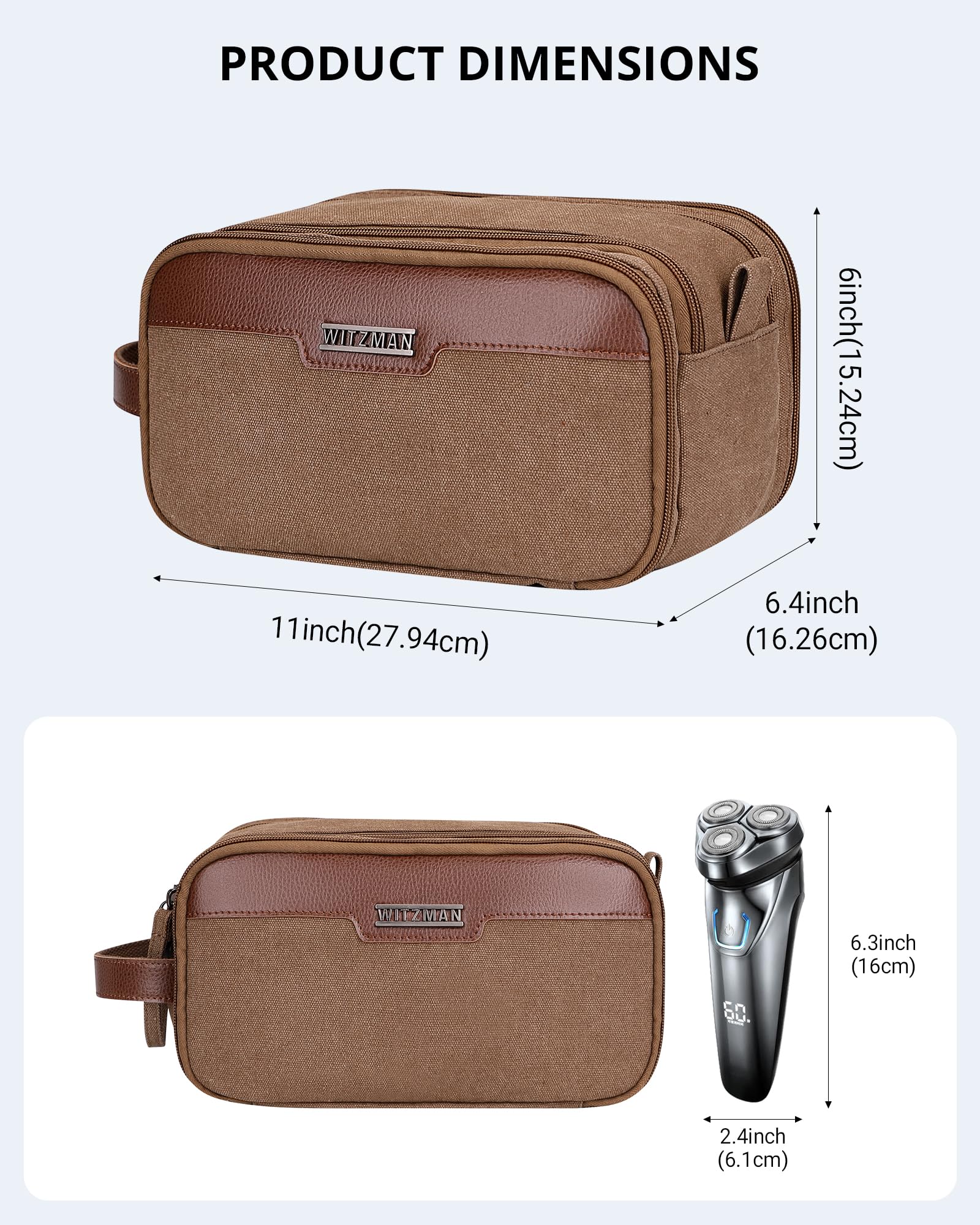 WITZMAN Large Canvas Toiletry Bag for Men - Waterproof Hanging Dopp Kit with Leather Trim, Spacious Travel Bathroom Organizer (Brown A8002) - Perfect for Gym, Camping & Business Trips
