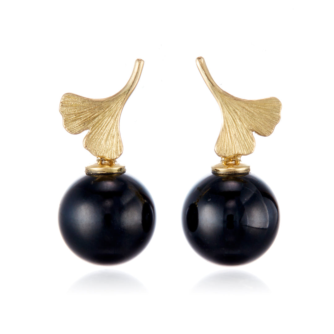 Ginkgo Black Jade Drop Earrings for Women - Handmade Dangle Earrings with Natural Stone - Perfect for Weddings, Parties & Special Occasions