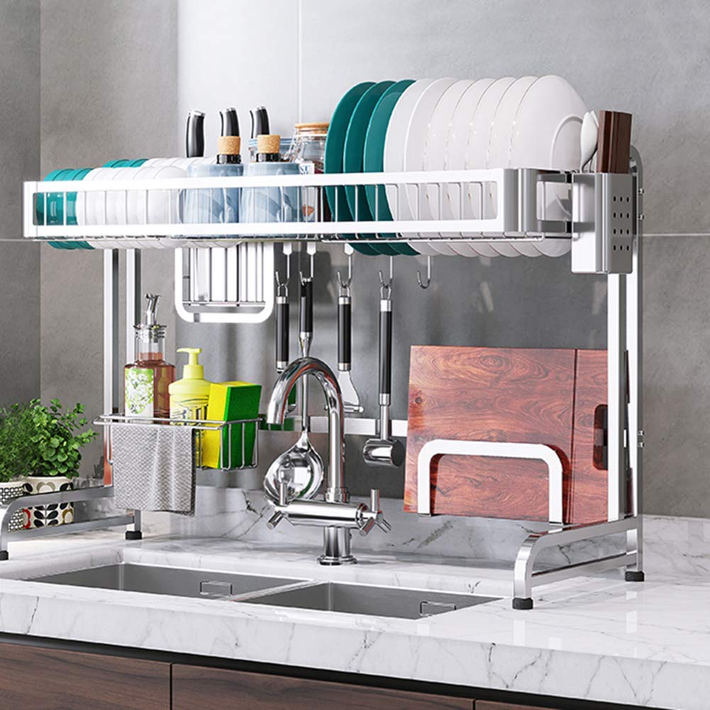 Premium Stainless Steel Dish Drying Rack Over The Sink - 31 Inch 2-Tier Kitchen Counter Organizer with Utensil Holder | Space-Saving Silver Drainer for Plates, Cups & Cookware | Perfect for Small Kitchens & Apartments