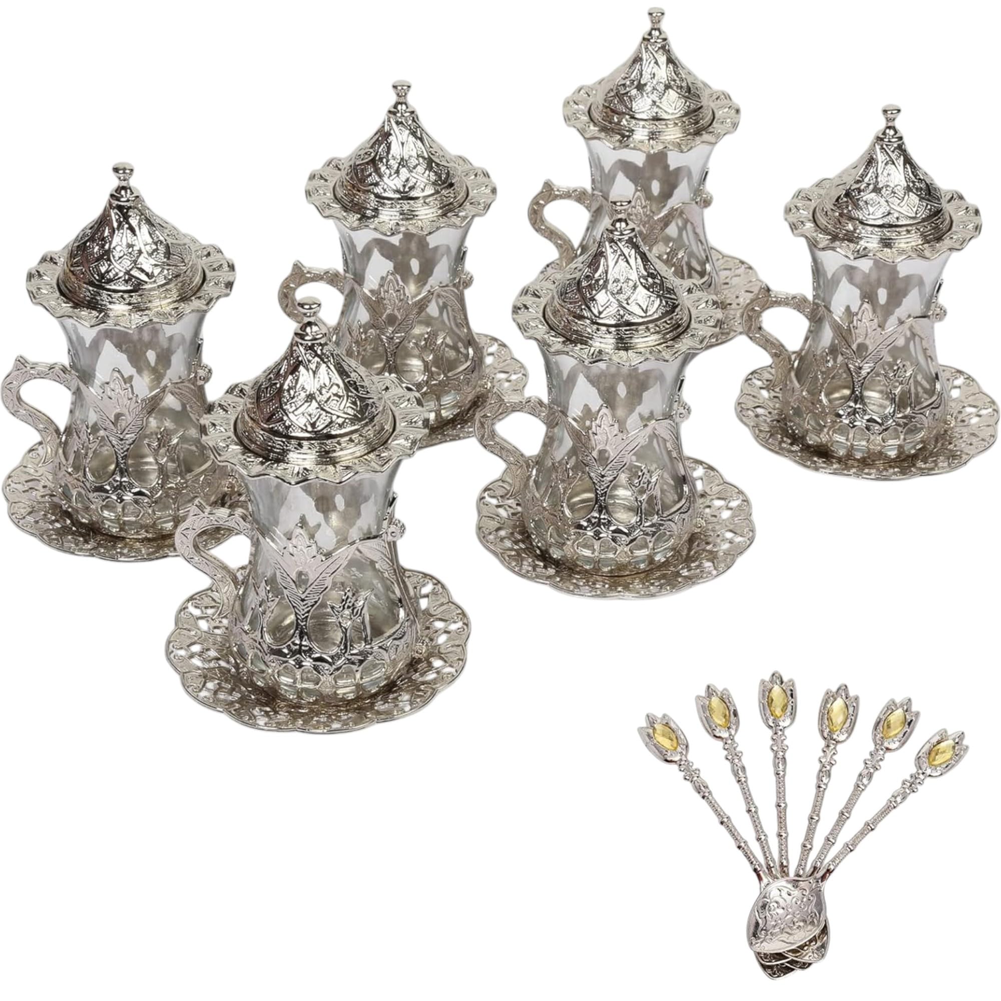 Handmade Turkish Tea Set of 6 - Silver Zamzam Glasses with Saucers - Traditional Middle Eastern Tea Serving Set for Home, Restaurant & Gift Giving