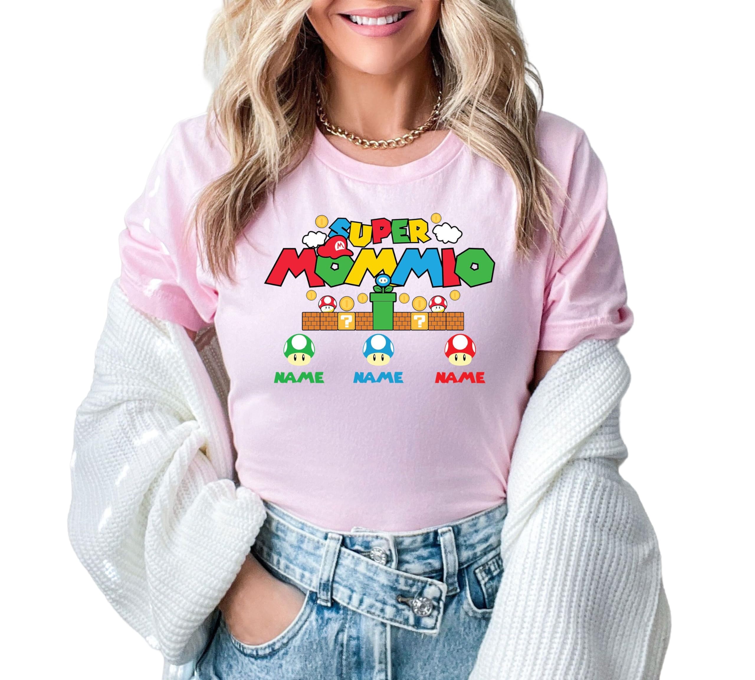 Custom Super Mommio Shirt with Kids Names - Personalized Mother's Day Gift for Gamer Moms - Perfect for Family Events, Gaming Sessions & Special Occasions