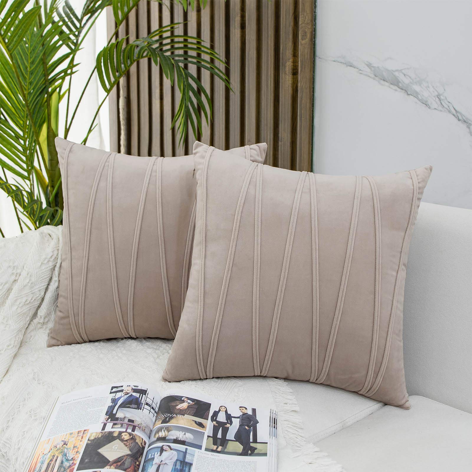 JUSPURBET 24x24 Inch Velvet Striped Throw Pillow Covers - Set of 2 Decorative Cushion Covers for Sofa, Couch & Bed - Soft Champagne Luxury Pillowcases for Living Room, Bedroom & Home Decor