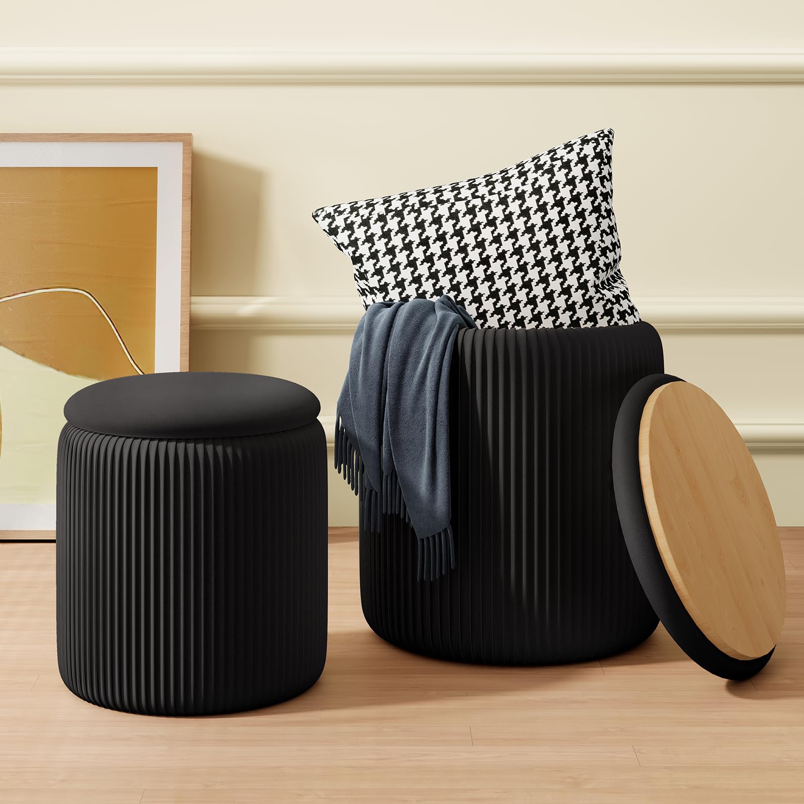 Black Velvet Storage Ottoman Set of 2 - Round Foot Rest Stool with Hidden Storage, Makeup Vanity Chair & Pouf for Living Room, Bedroom, Dressing Area - Perfect for Extra Seating & Home Organization