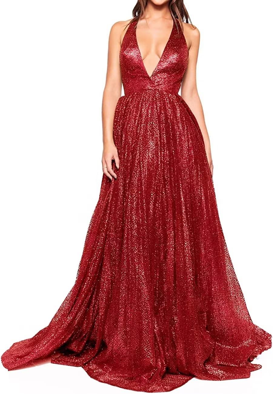 Sparkling Deep V-Neck Prom Dress for Women - Elegant Backless Long Tulle Formal Evening Gown for Homecoming, Wedding, Ball & Special Occasions