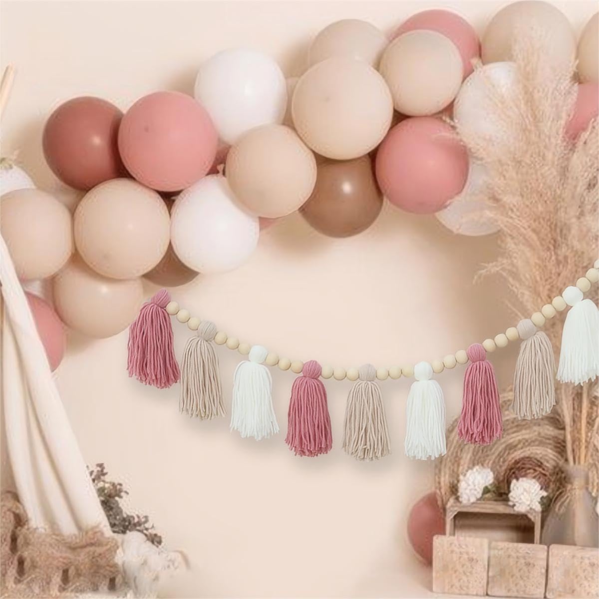 Boho Yarn Tassel Garland - Pink Decorative Banner with Natural Wood Beads | Perfect for Baby Shower Decor, Kids Bedroom, Nursery Wall Hanging & Boho Home Decor