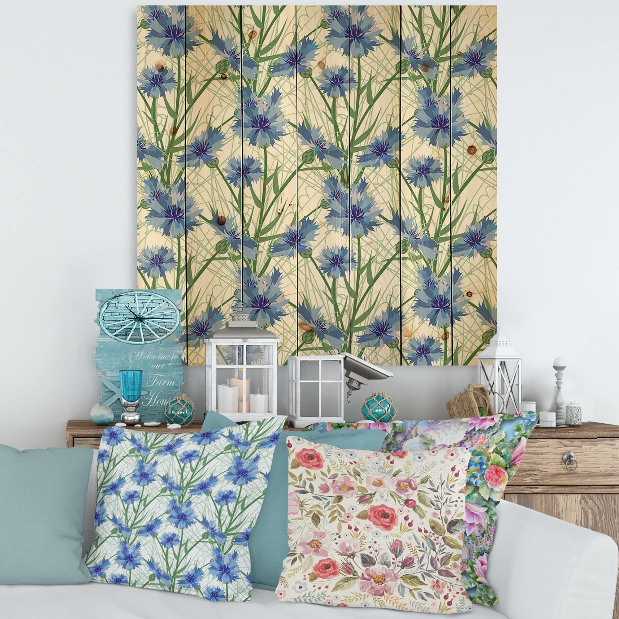 Blue Cornflowers with Green Leaves Traditional Wood Wall Decor - Handmade Floral Wood Art Panel on Natural Pine - Perfect for Living Room, Bedroom & Farmhouse Decor
