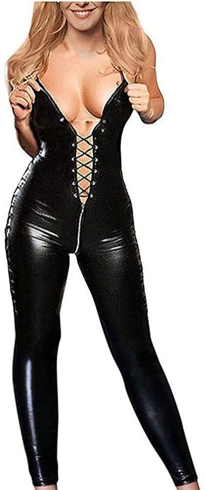 GWQDJ Women's Sexy Catsuit - Sleeveless Zip-Up Latex Jumpsuit for Nightclub & Lingerie | Faux Leather Bodysuit in XXL | Perfect for Halloween, Cosplay & Fetish Parties